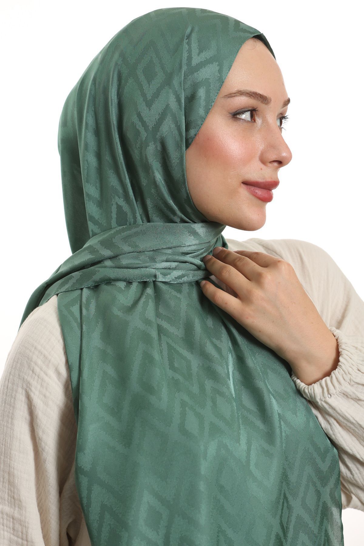 m moon scarf-High Quality Tile Pattern Silky Jacquard Shawl - Imported Fabric and Italian Stitching "mildew Green" 1