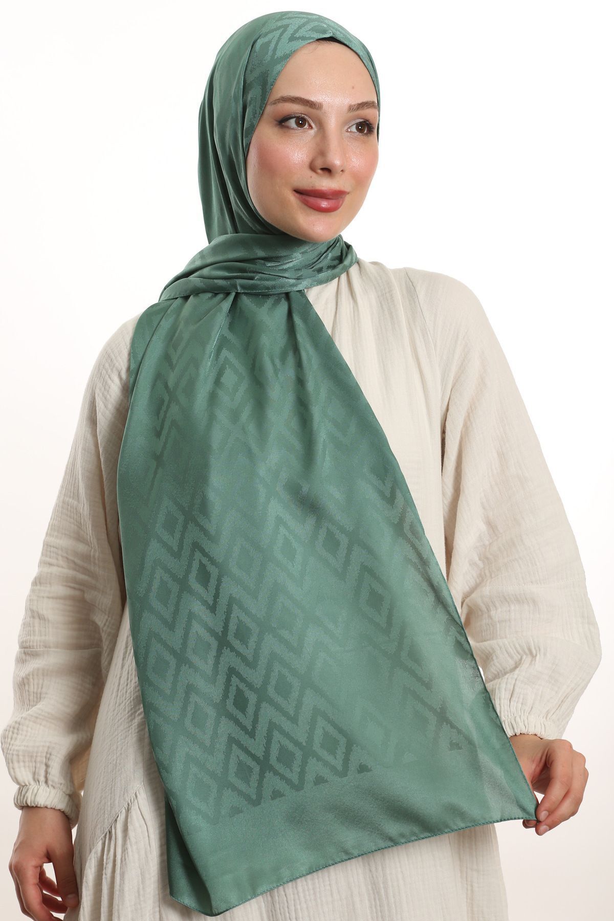 m moon scarf-High Quality Tile Pattern Silky Jacquard Shawl - Imported Fabric and Italian Stitching "mildew Green" 3