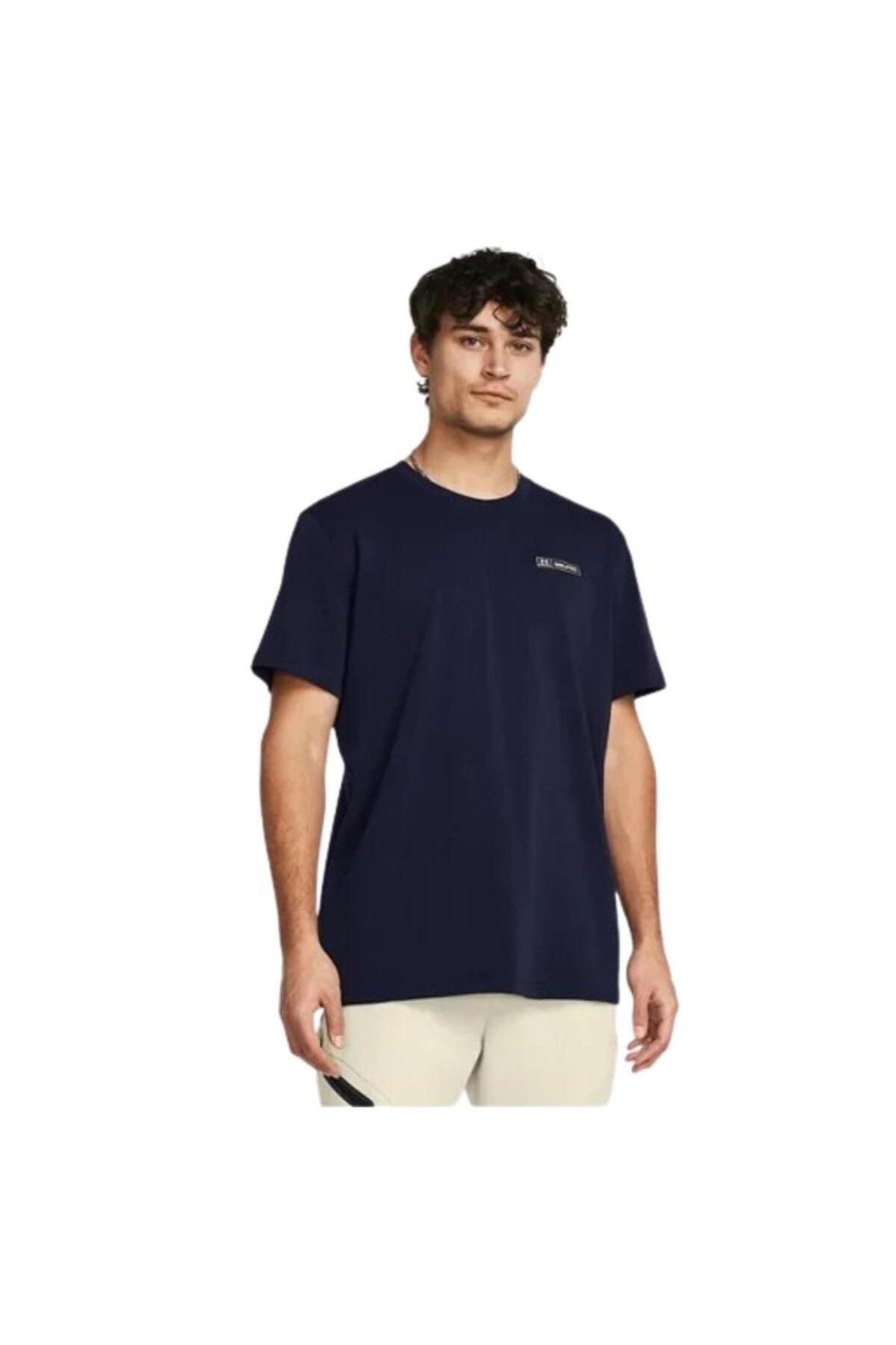 تی شرت ورزشی آبی مردانه برچسب زرهی سنگین وزن در UA آستین کوتاه 1382831 410 Under Armour