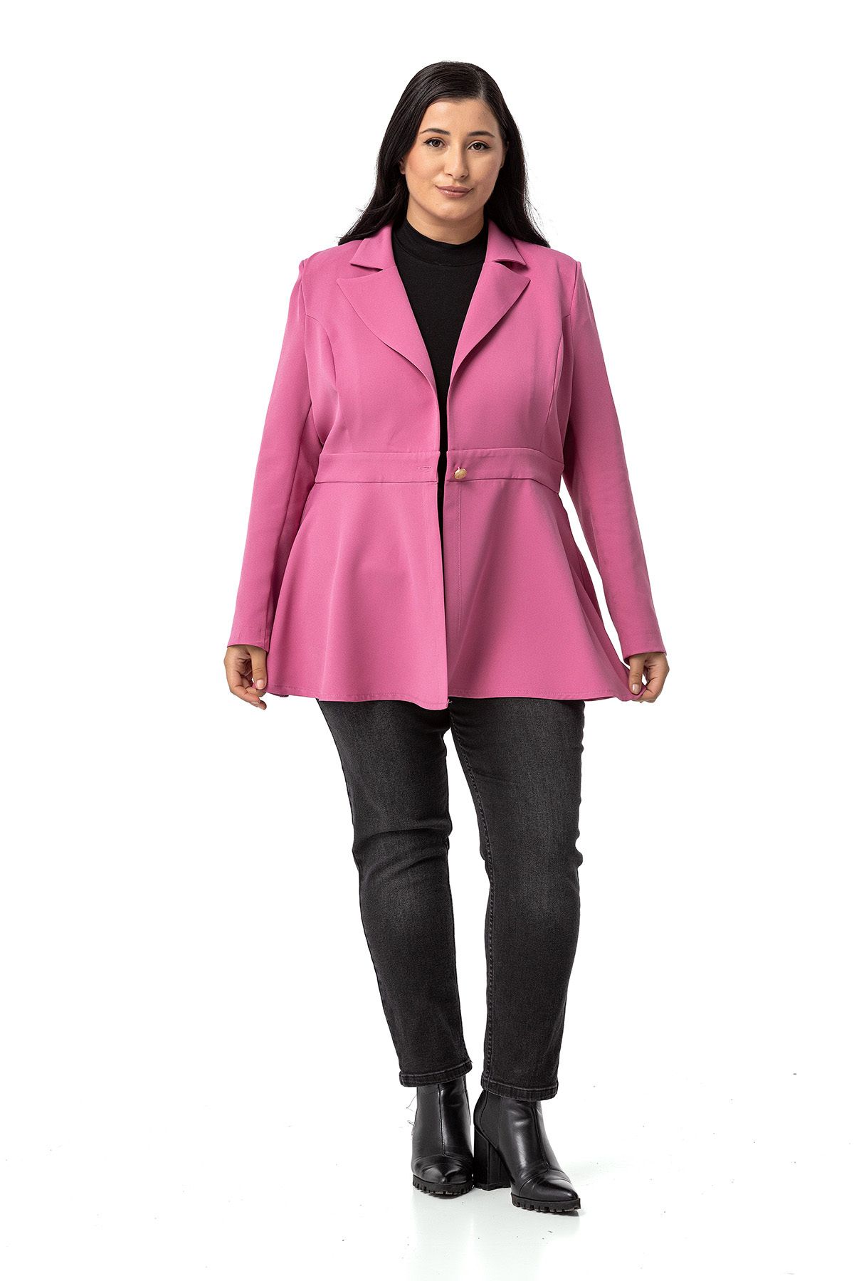 DISENTIS MODEST-Large Size Single Button Waist Detailed Flared Unlined Dried Rose Jacket 5