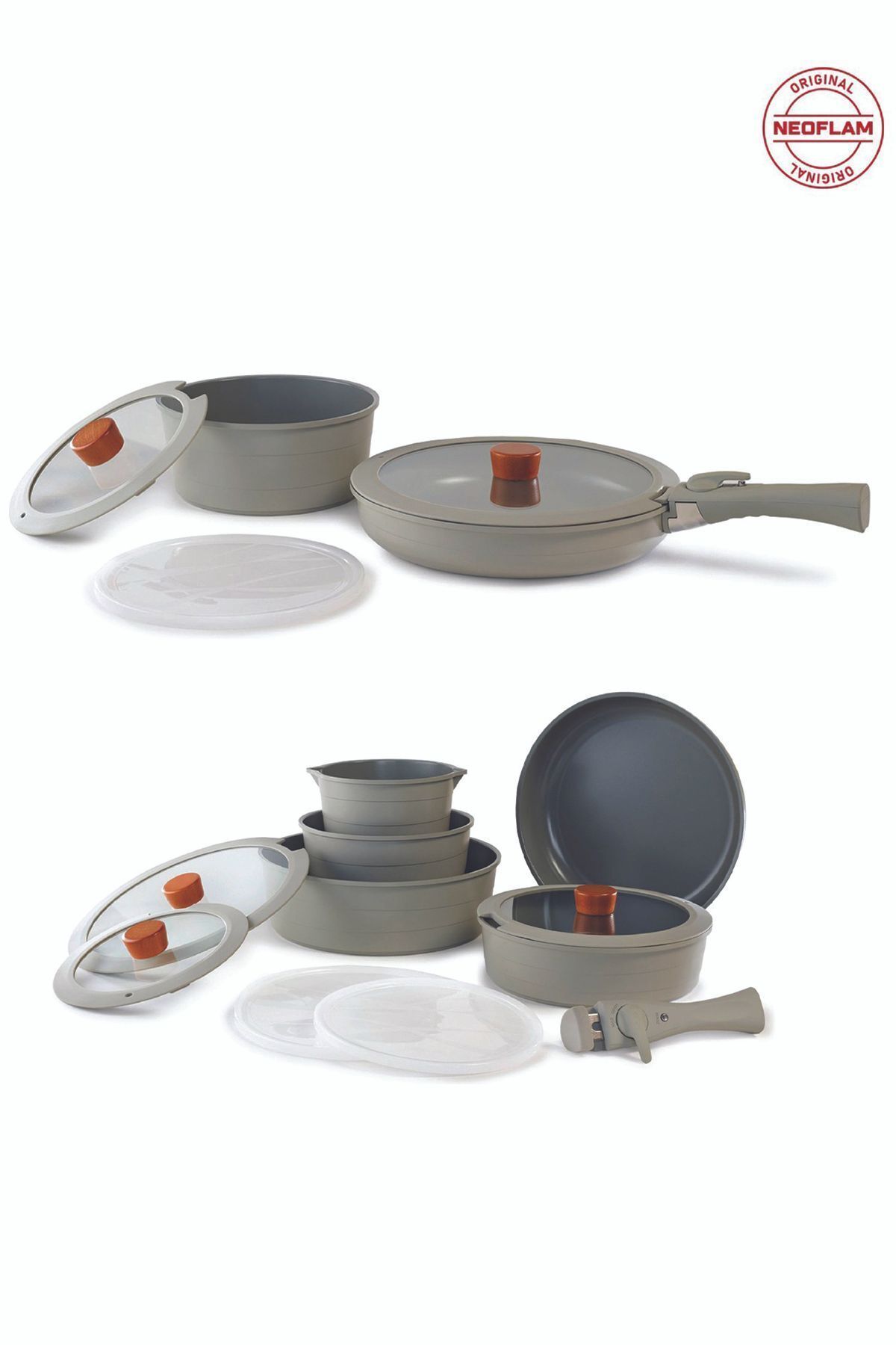NEOFLAM-Midas Gray 17-Piece Interlocking Induction Pot and Pan Set with Detachable Handle 1