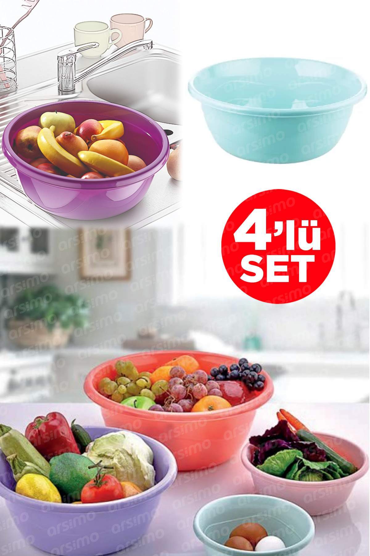 Arsimo 4`lü Badya Set | Yuvarlak Badya Seti Plastik Leğen Mutfak Seti | Badya Set