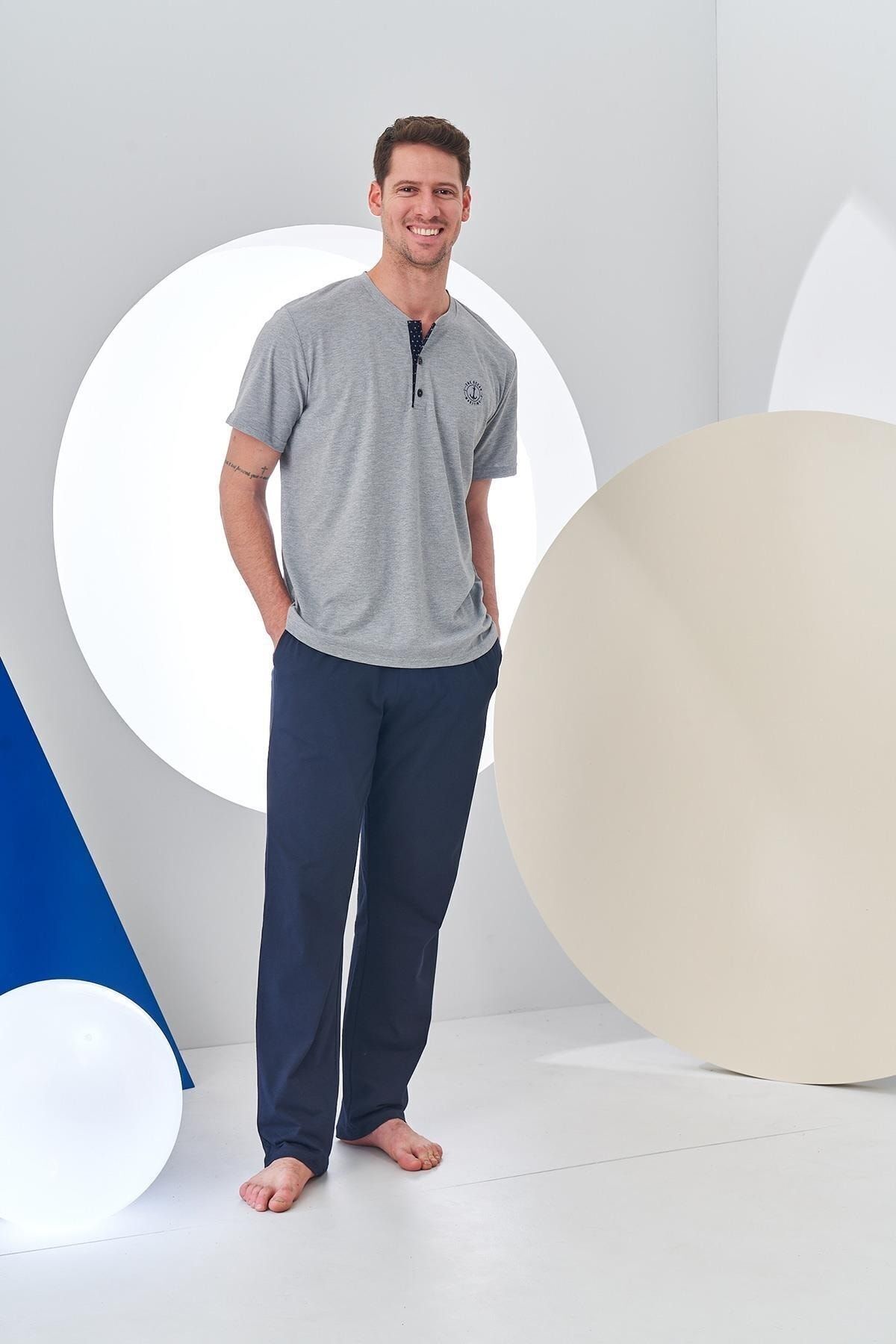 PJS-24314 Men's Placket Short Sleeve Pajama Set 2