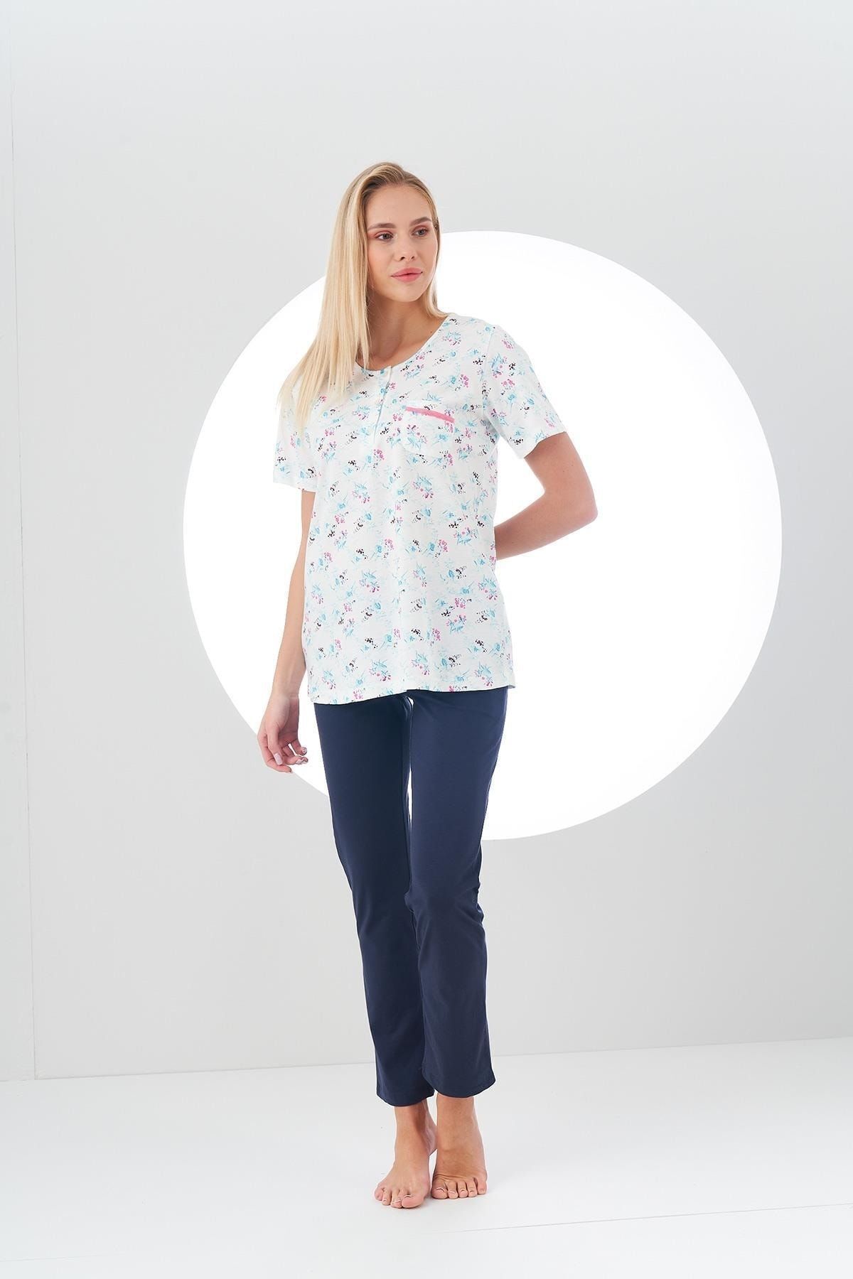 PJS-24111 Women's Top Patterned Placket Pajama Set 4
