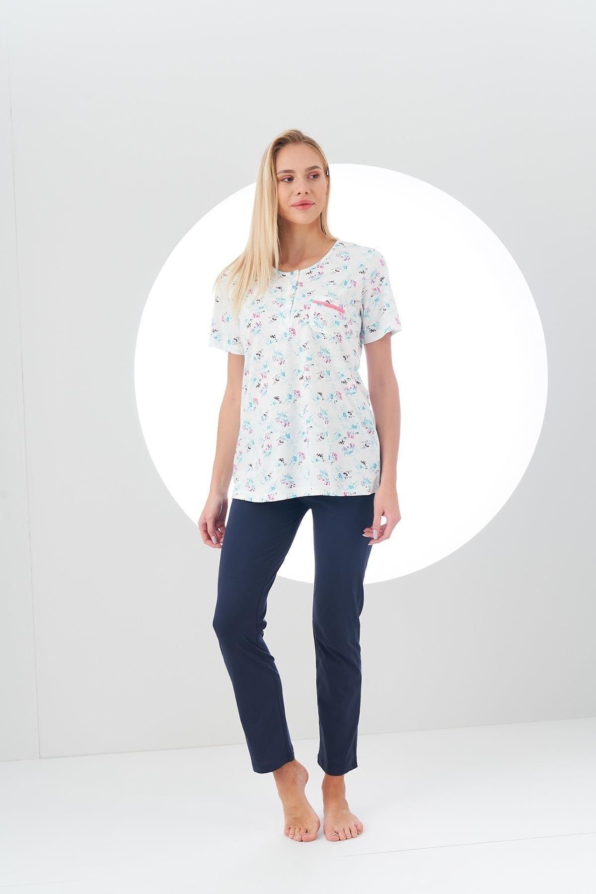 PJS-24111 Women's Top Patterned Placket Pajama Set 5
