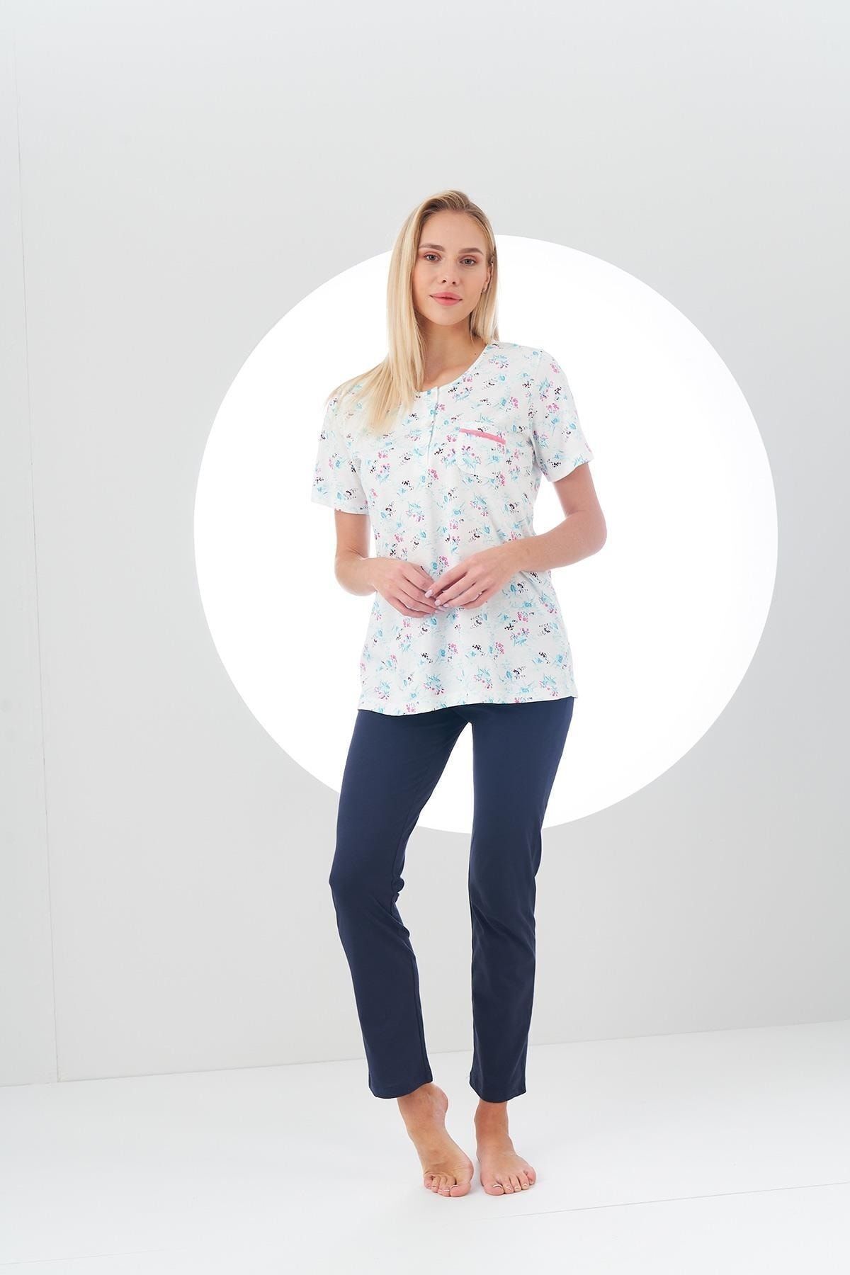 PJS-24111 Women's Top Patterned Placket Pajama Set 6