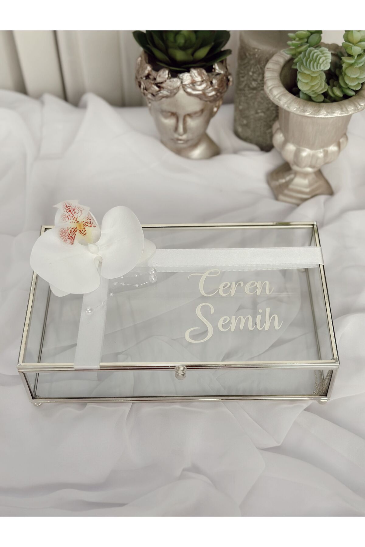 Paparti Tasarım Çikolata Havlu Hediyelik Cam Kutu Gümüş Orkide