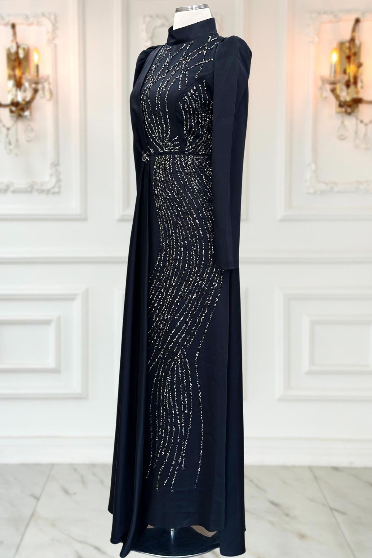Aye Tesettr Mira Satin Hijab Evening Dress - Digital Bsn Stone Prints  Dress- Trendyol