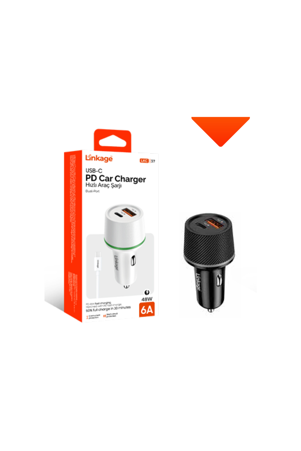PD Quick Charge 6A/48W 1XUSB-A+USB-C Uyumlu Araç Şarjı PD Type-C Şarj Kablosu LKC-37 Siyah