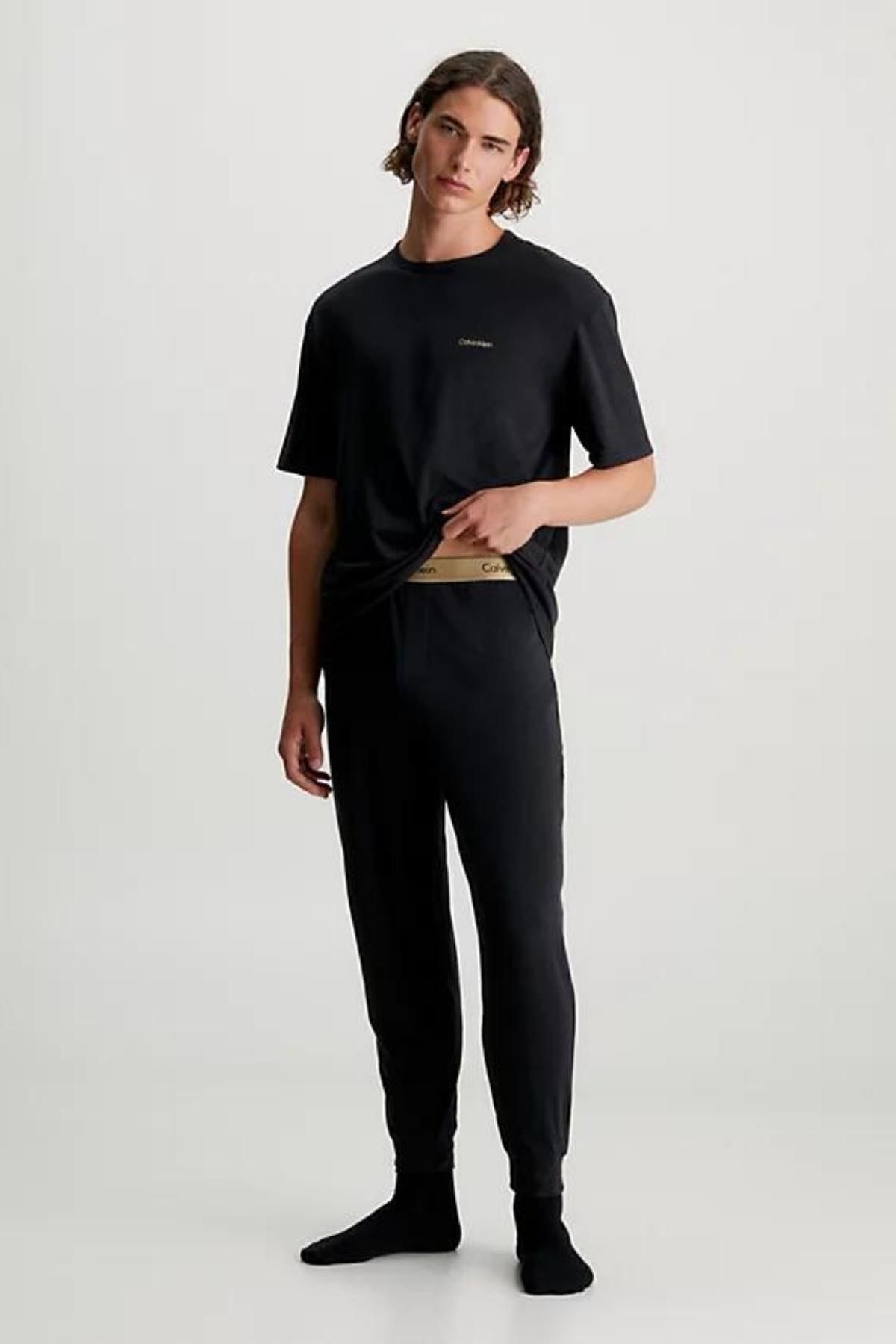 ست گرمکن مشکی مردانه آرم کالوین کلین در درزهای روبان دوچرخه یقه نوار کمر نوشته سیاه Calvin Klein