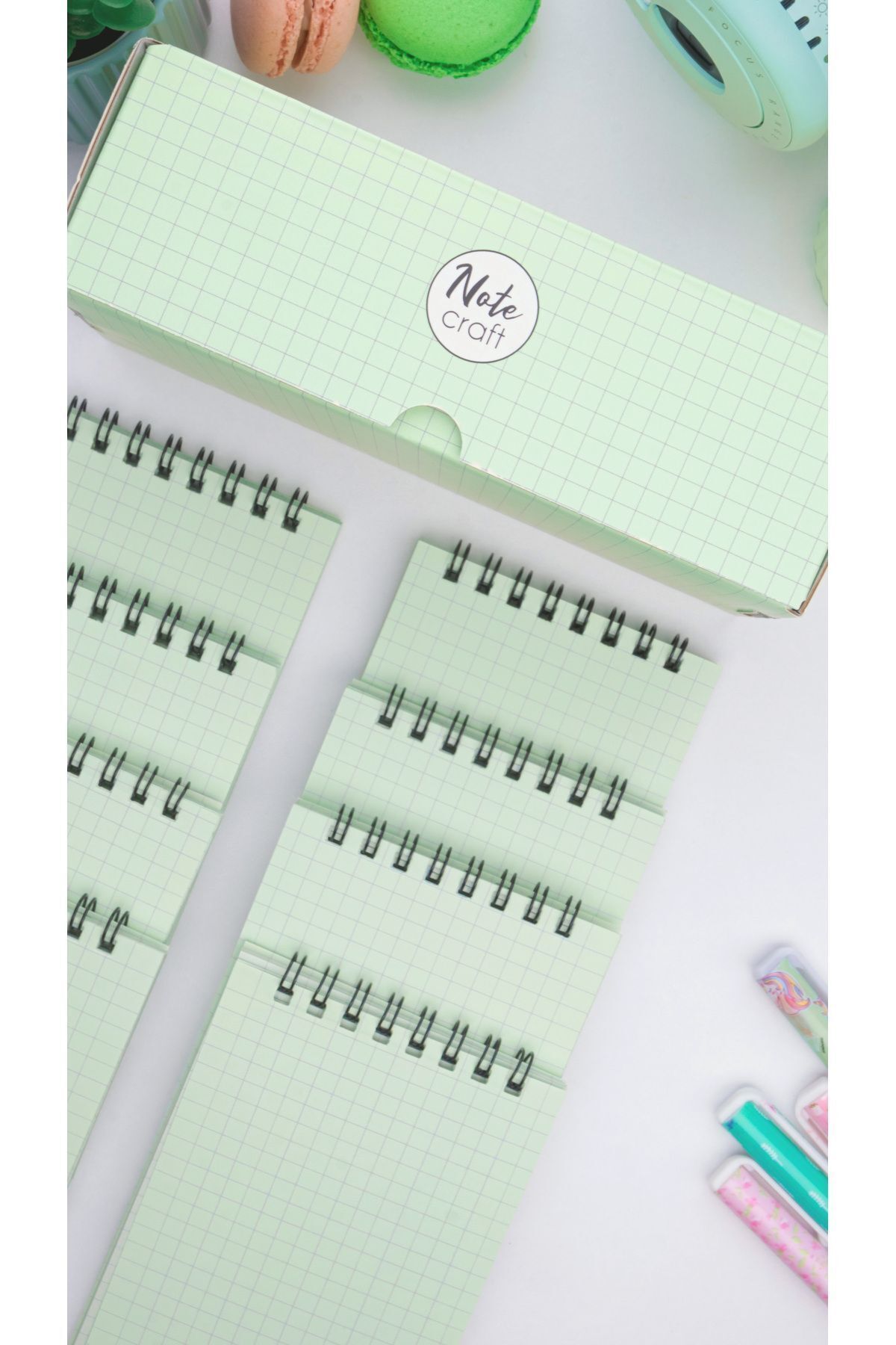 Dream Notes-Green 8-Piece Checked Colored Notebook Set - 9X15 Cm, 50 Sheets Spiral School Notebook 8
