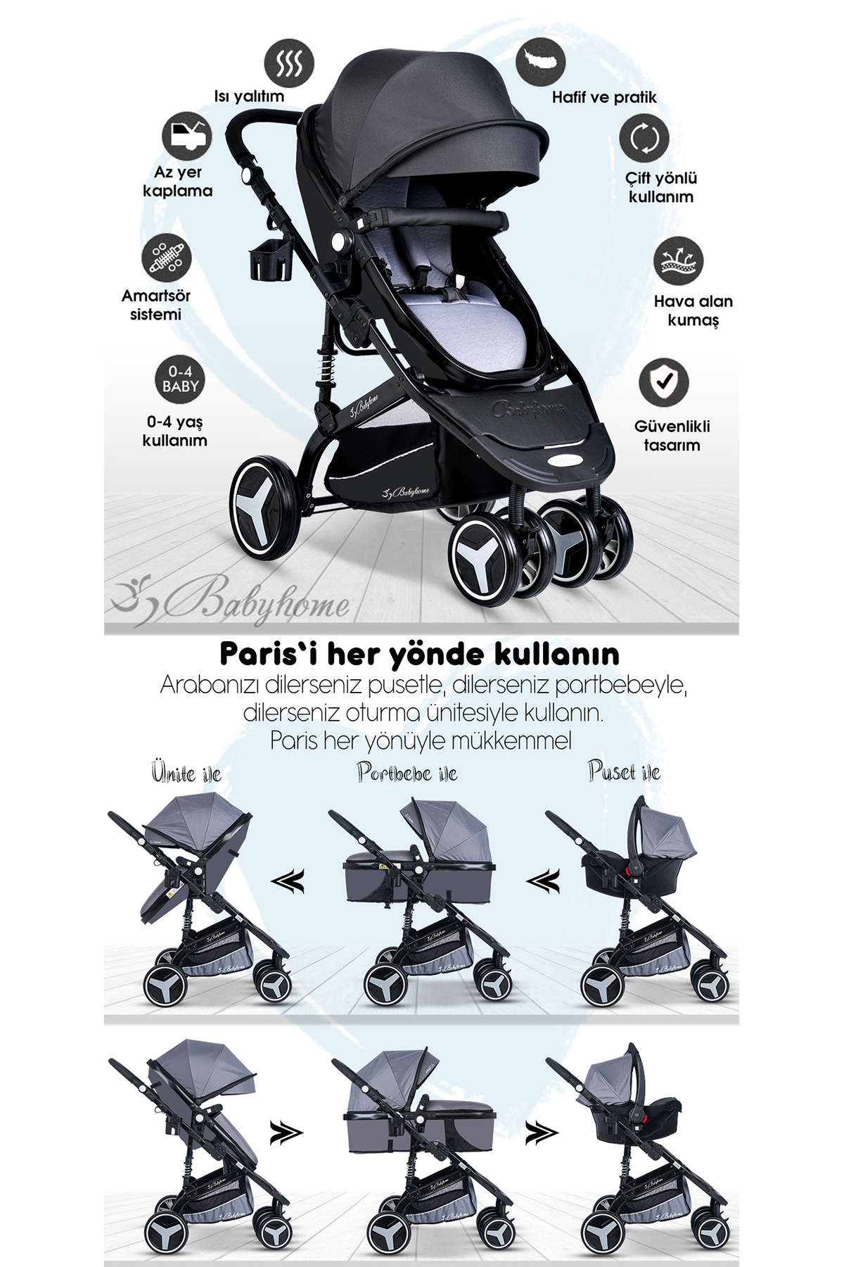 Baby Home 945 Travel Yeni Doğan 8'in1 Sistem Bebek Arabası Set Ve 600 Oyun Parkı Beşik Park Yatak fotoğrafı 2 (önizleme)