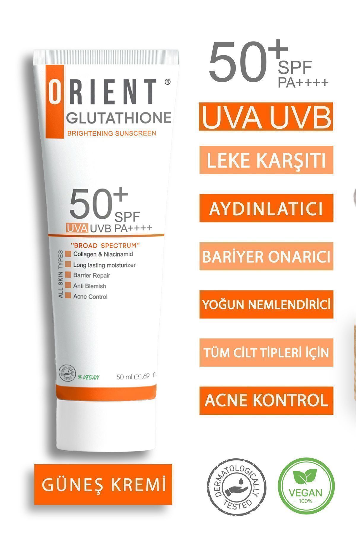 Glutatyonlu Ve Kolajenli Yüksek Koruyuculu Leke Önleyici Spf 50 Güneş Kremi Vegan
