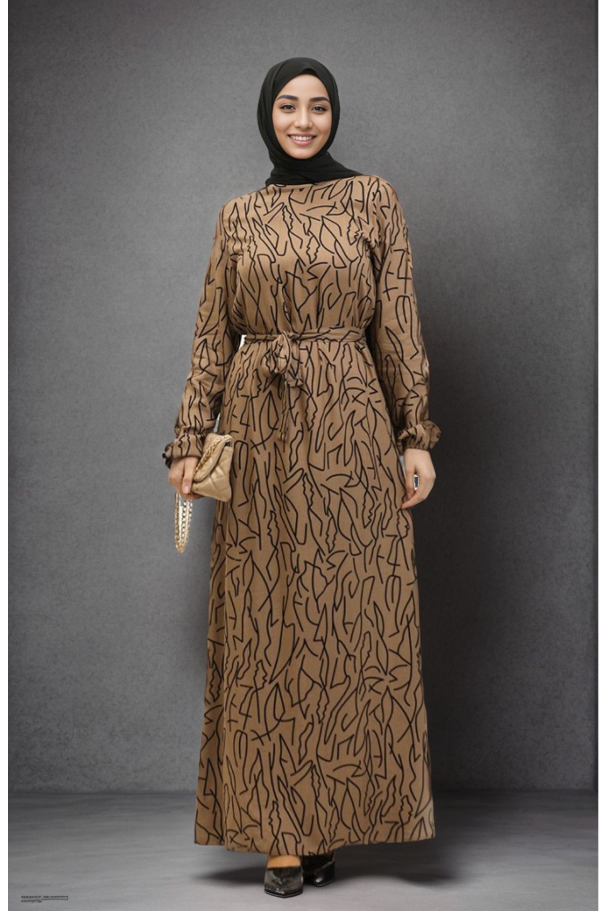 Mixed Pattern Belted Viscose Dress