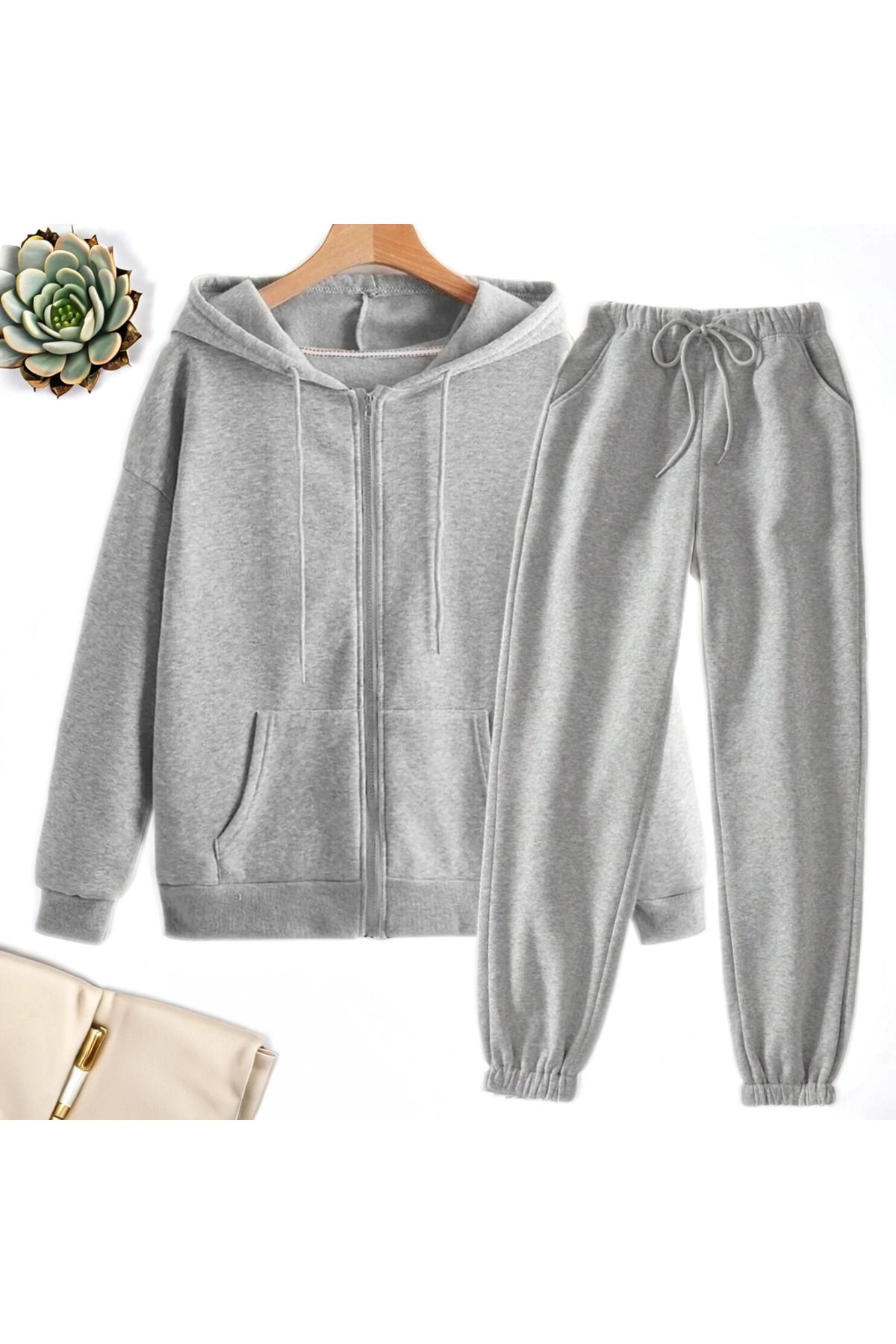 Fifty Color-2-Piece Gray Zippered Jacket and Sweatpants Set 1