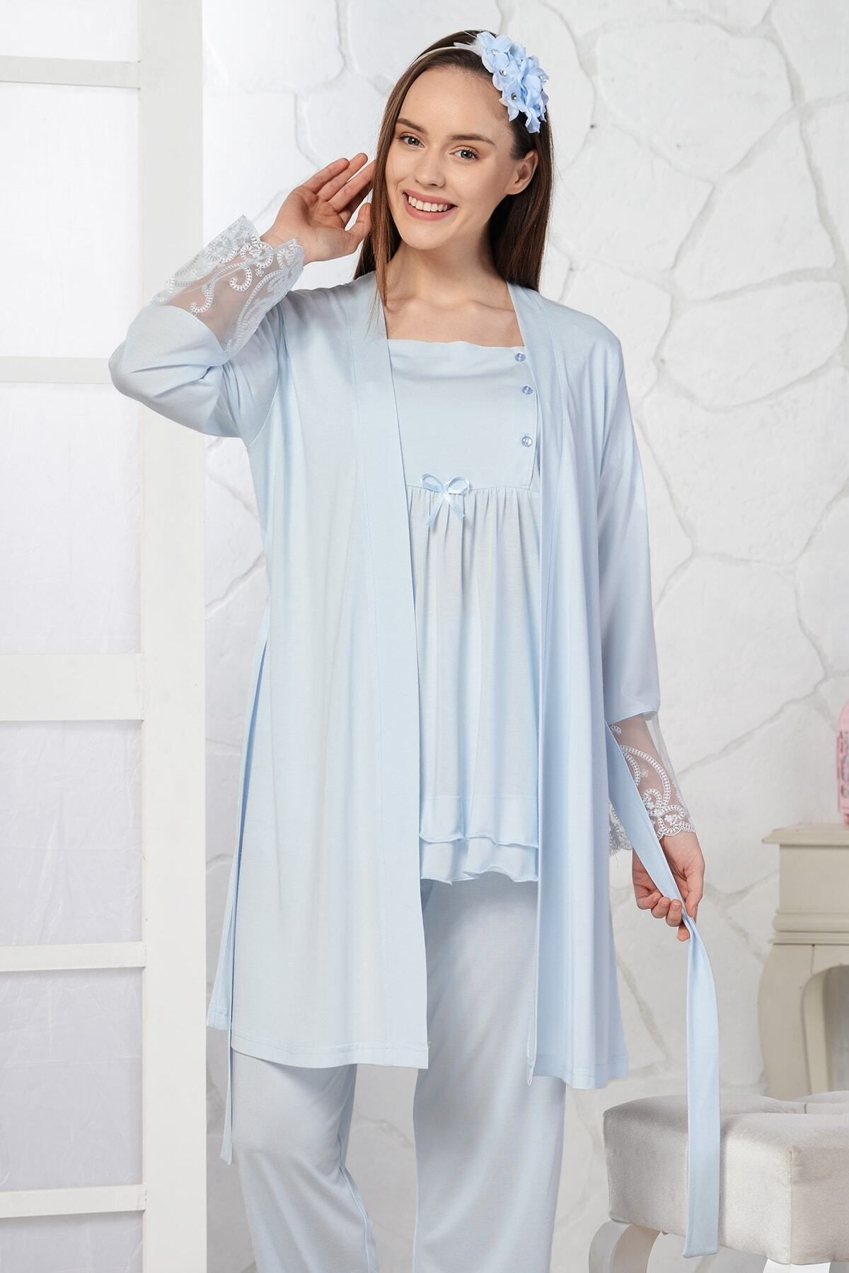 Emose Lohusa Sabahlıklı Pijama Takımı Mavi