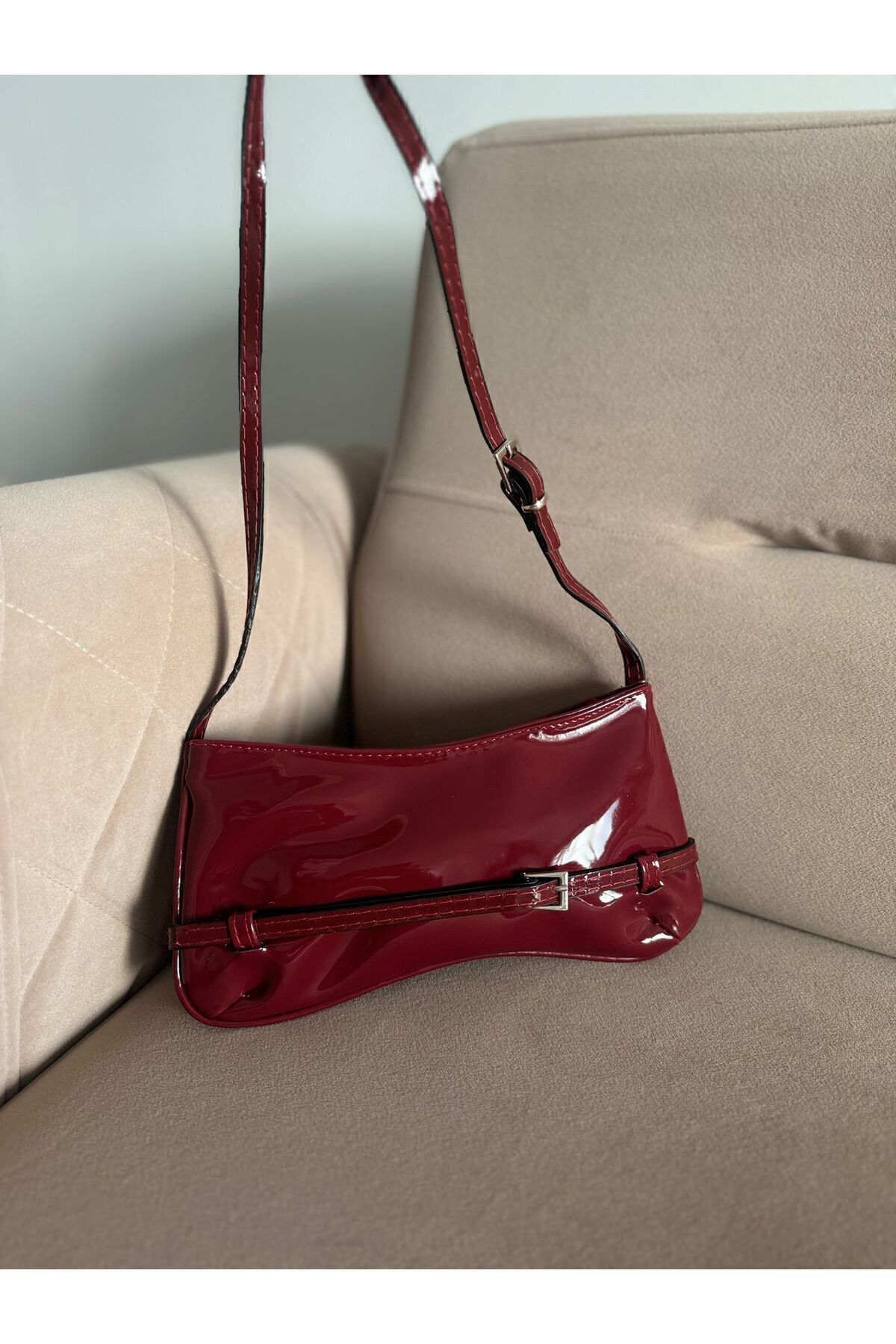 Women's Claret Red Retro Belt Baggage Bag with Silver Accessories
