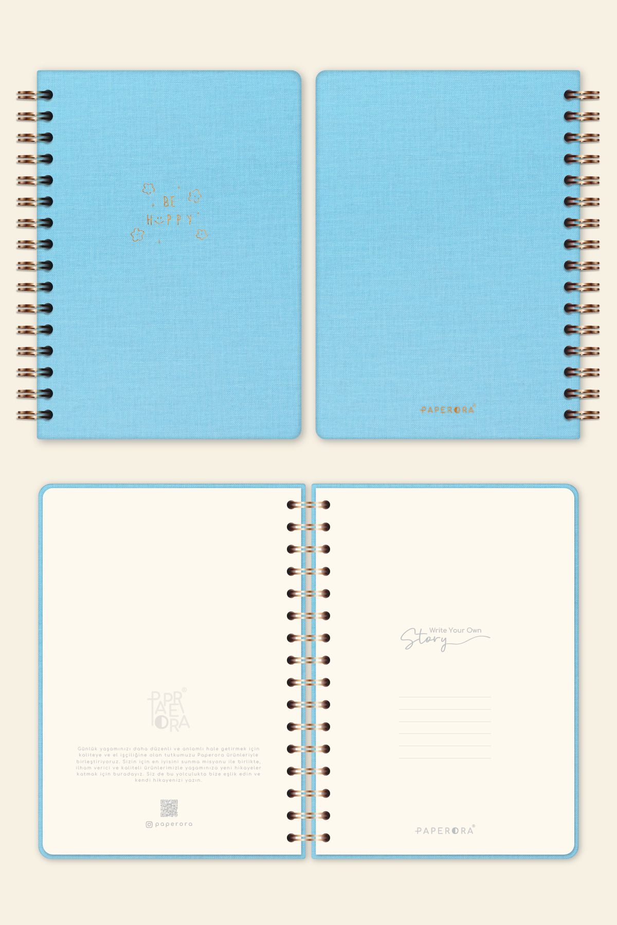 PAPERORA-Blue Linen A5 Spiral Plain UnlineD UnDateD Notebook 6