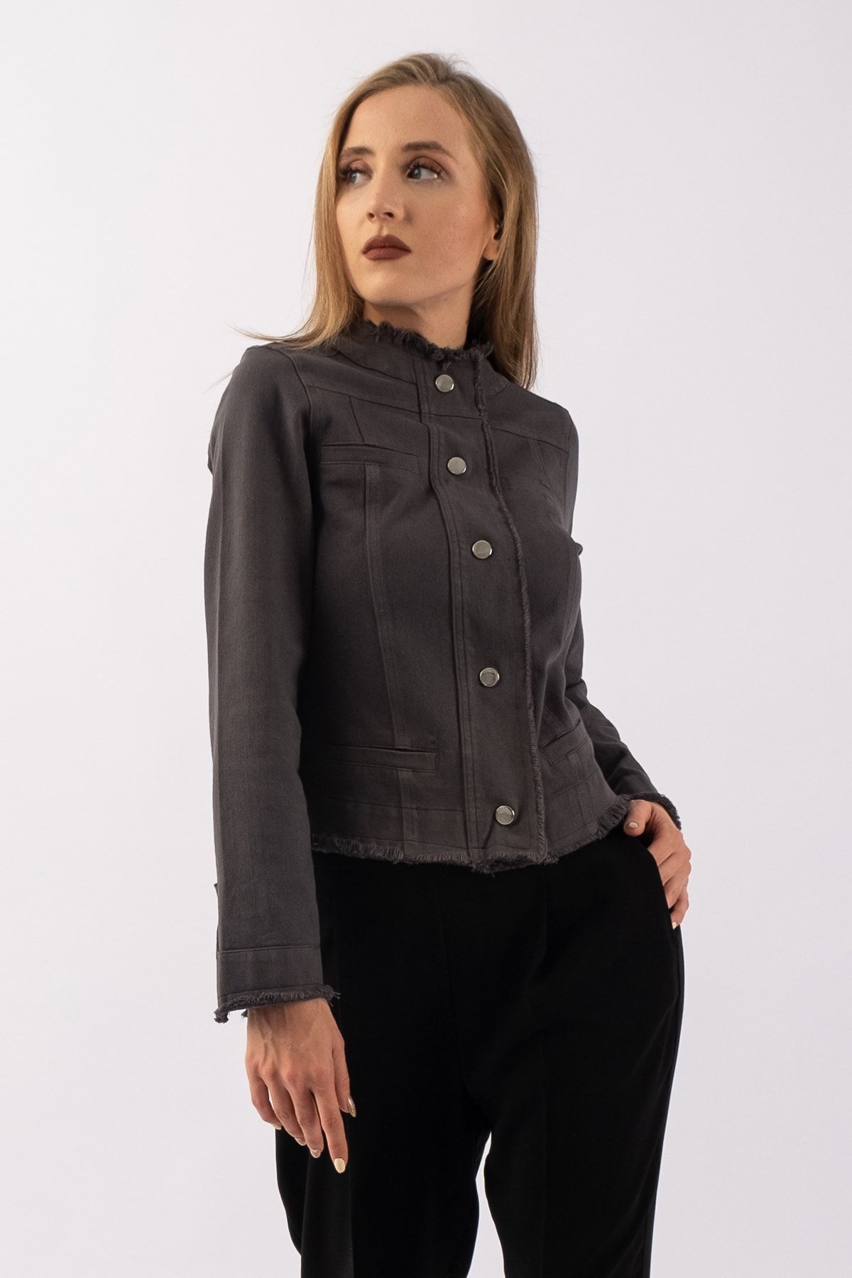 Bold & Young-Women's Anthracite Power Strech Snap Fastener Slim Fit Denim Jacket 3