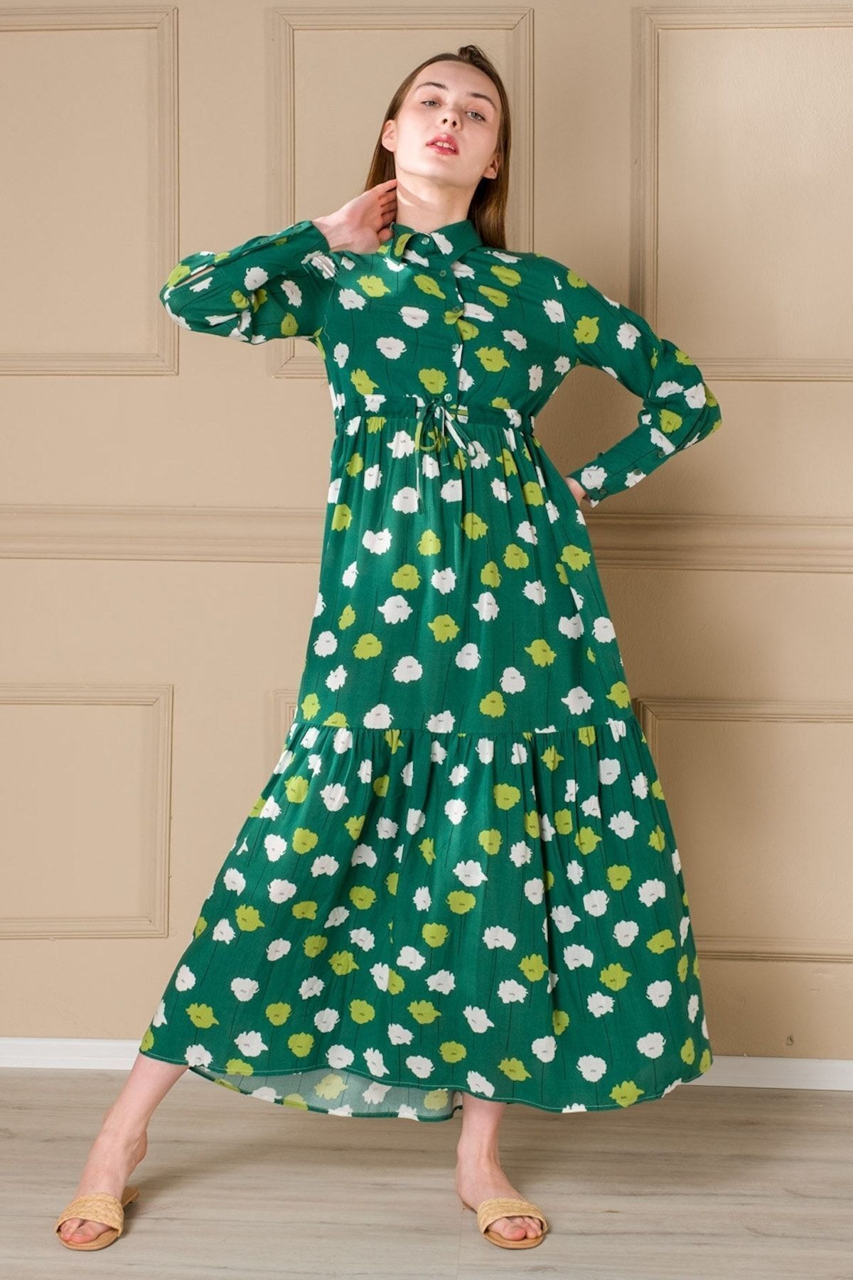 Flower Women's Green Summer Buttoned Dress on Green 1106