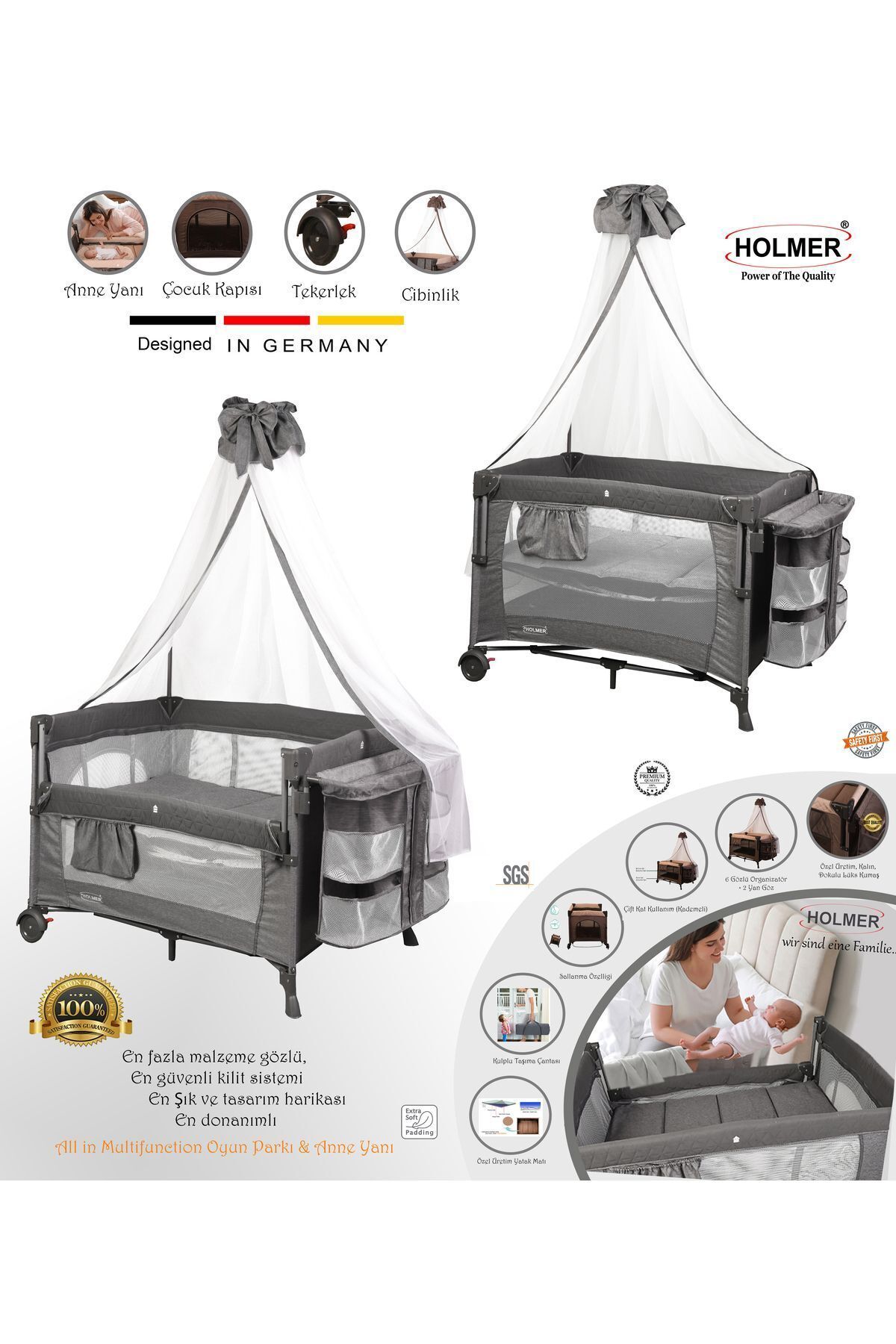 Holmer Maxi Comfort Coolstyle (ANNE YANI-DELUXE KUMAŞ) Cibinlikli Oyun Parkı/anne Yanı 70x110cm Gri