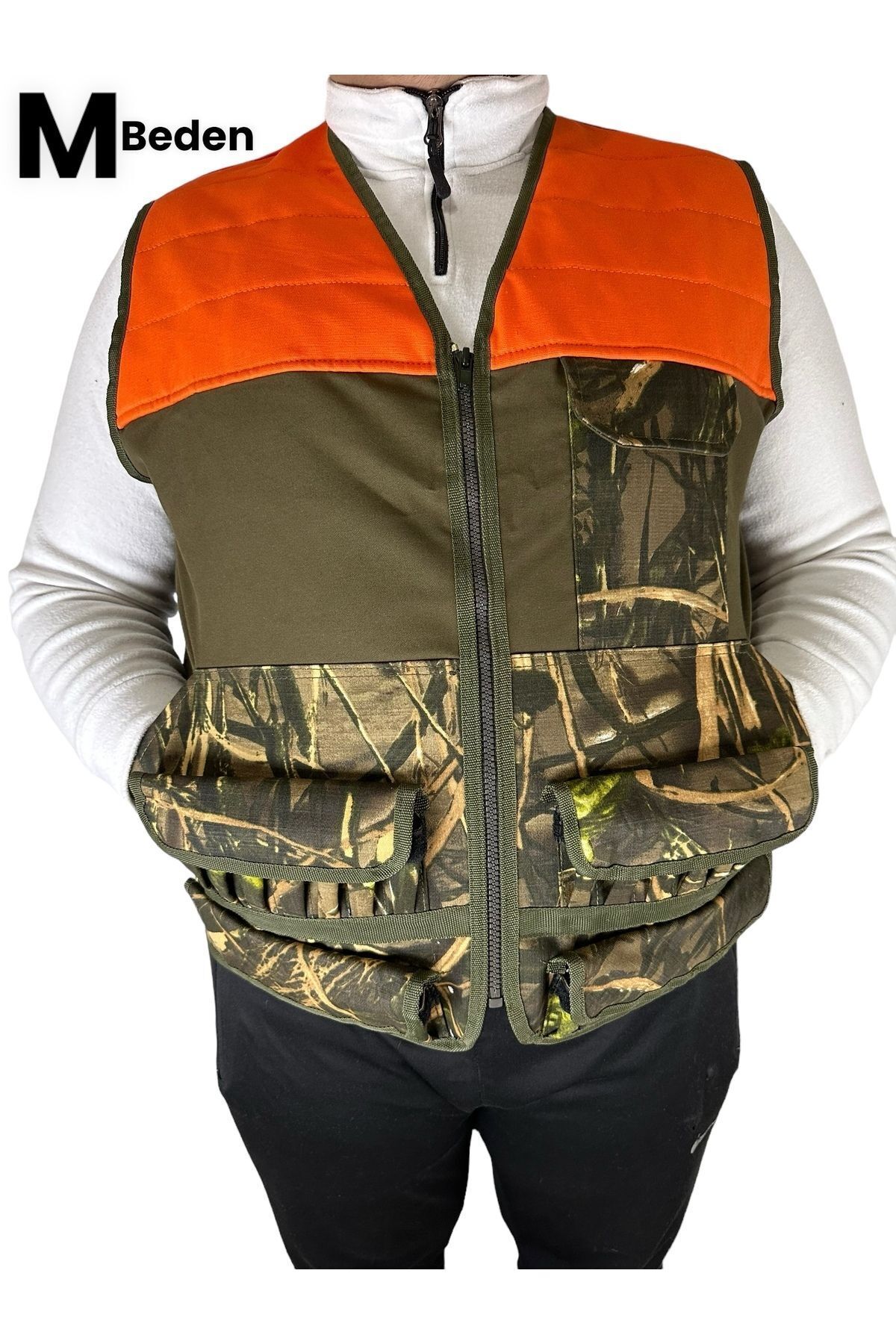 UYĞURCA Avcı Yeleği - 30 Fişek Kapasiteli - Turuncu Omuzlu -Haki üzerine Yeşil Ağaç Desen Kumaş