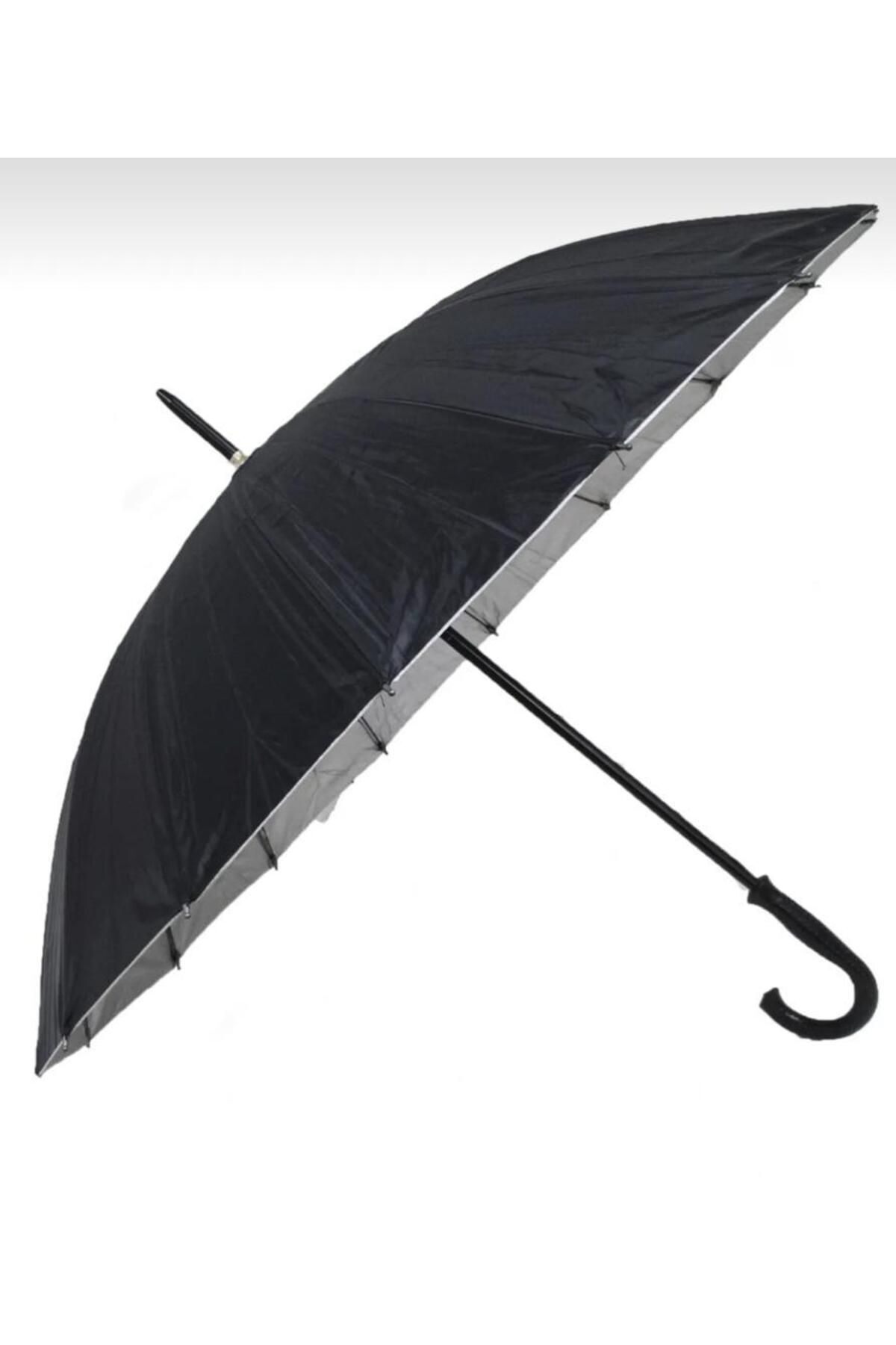 ucuzubizde 16 Telli Dışı Siyah Içi Gümüş Renk Baston Şemsiye Unisex Şemsiye 80 Cm