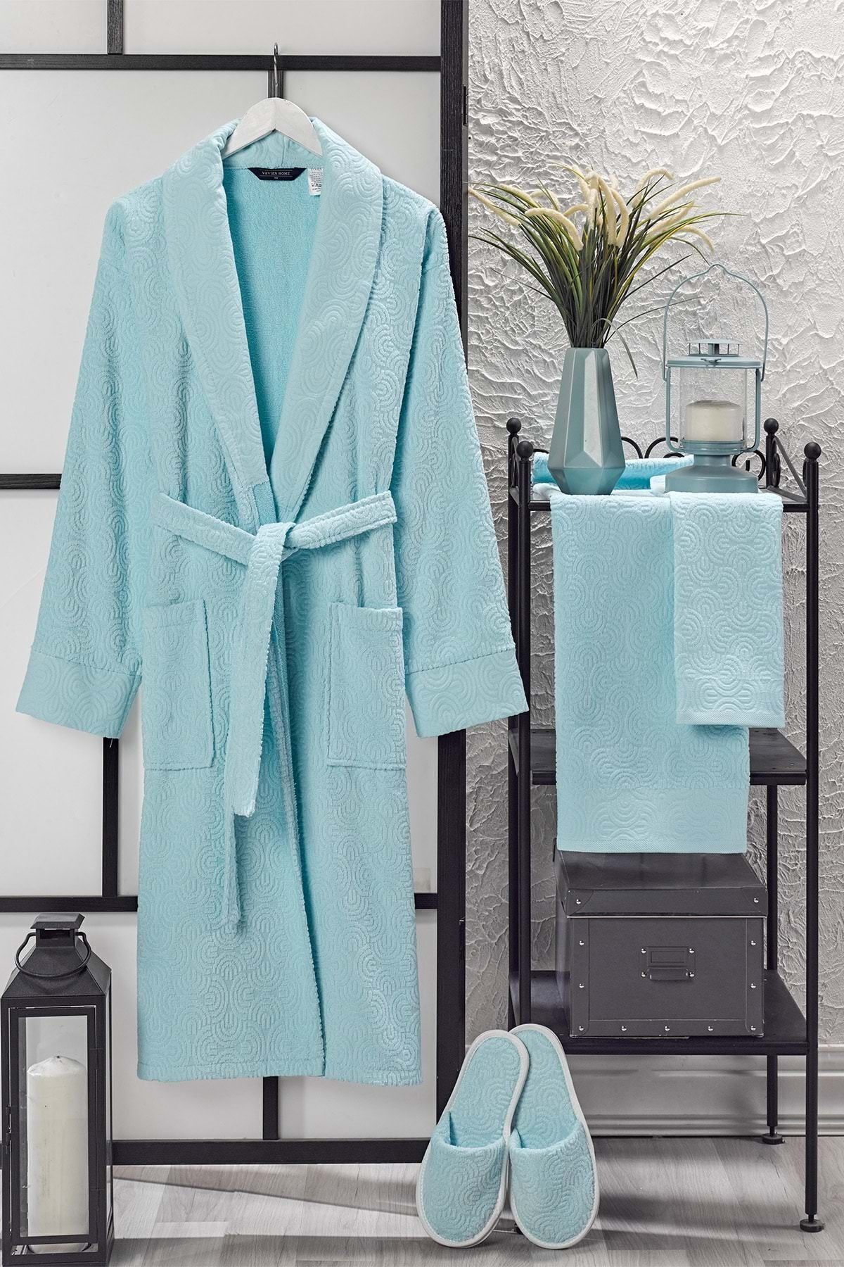 Velvet Jacquard 4-Piece Bathrobe Set Light Blue