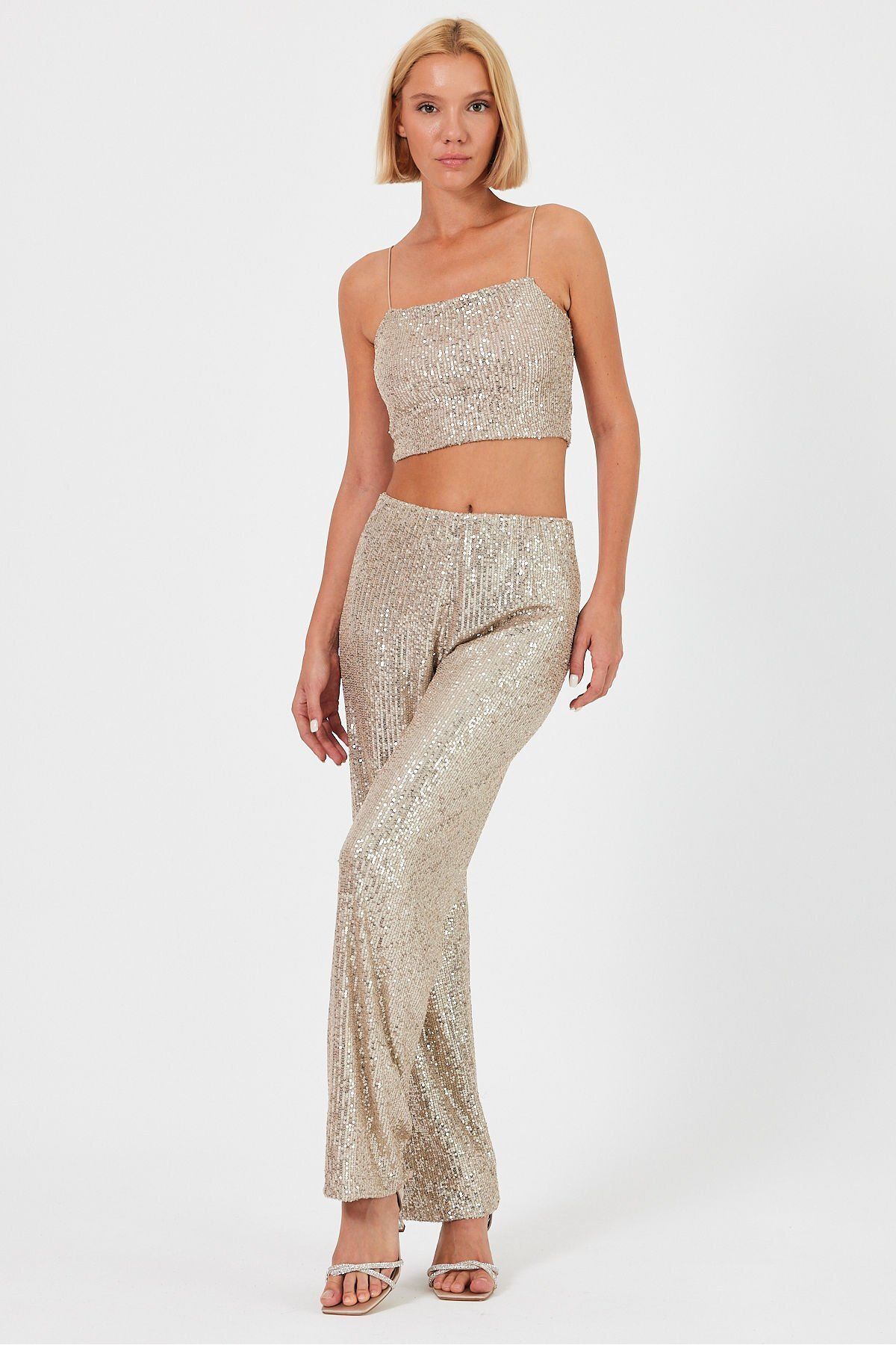 soBasic-High Waist and Lined Elastic Sequin Trousers - Gold 7