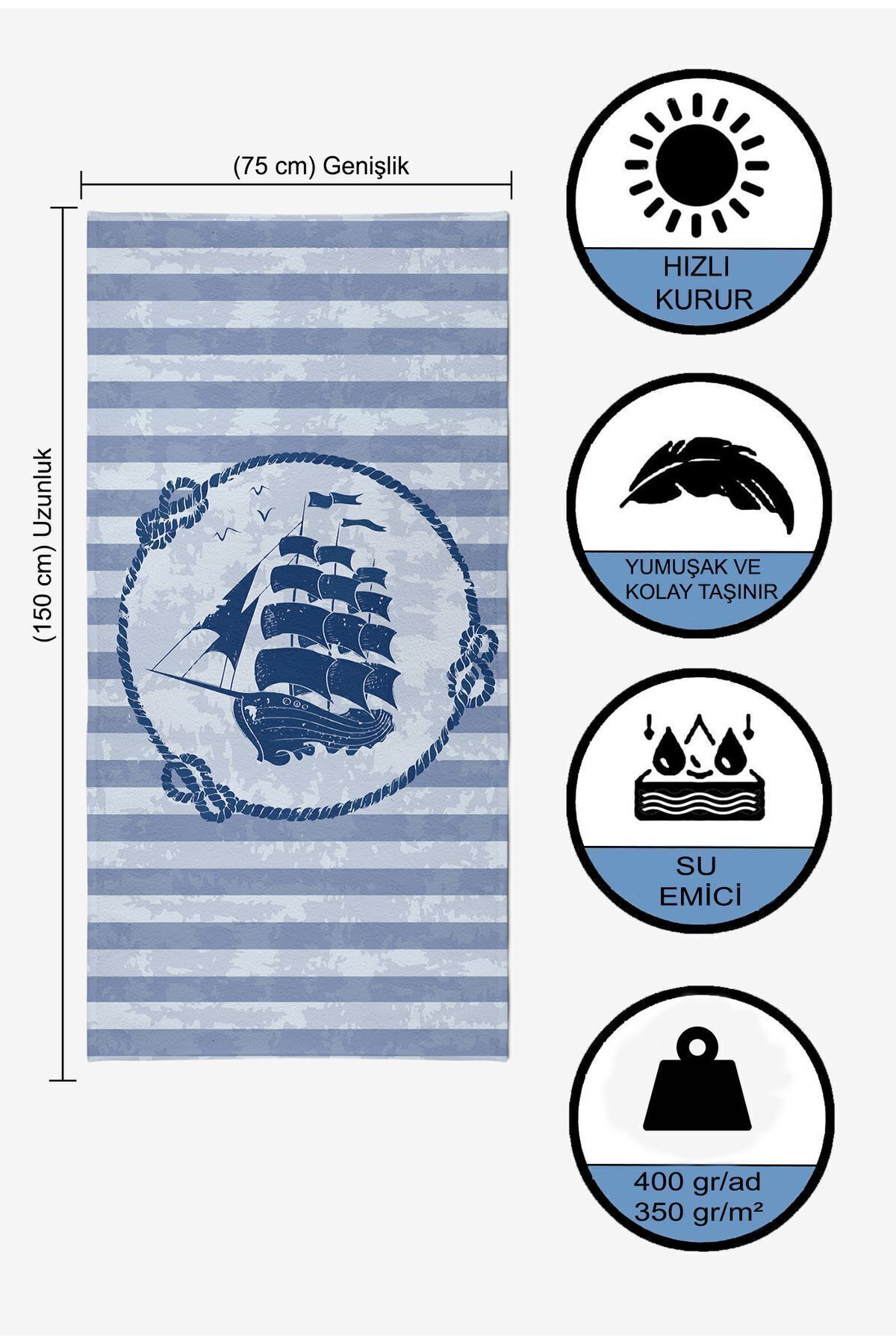 VEVİEN HOME-Ship Pattern Digital Printed 75x150 Cm Beach Towel 5