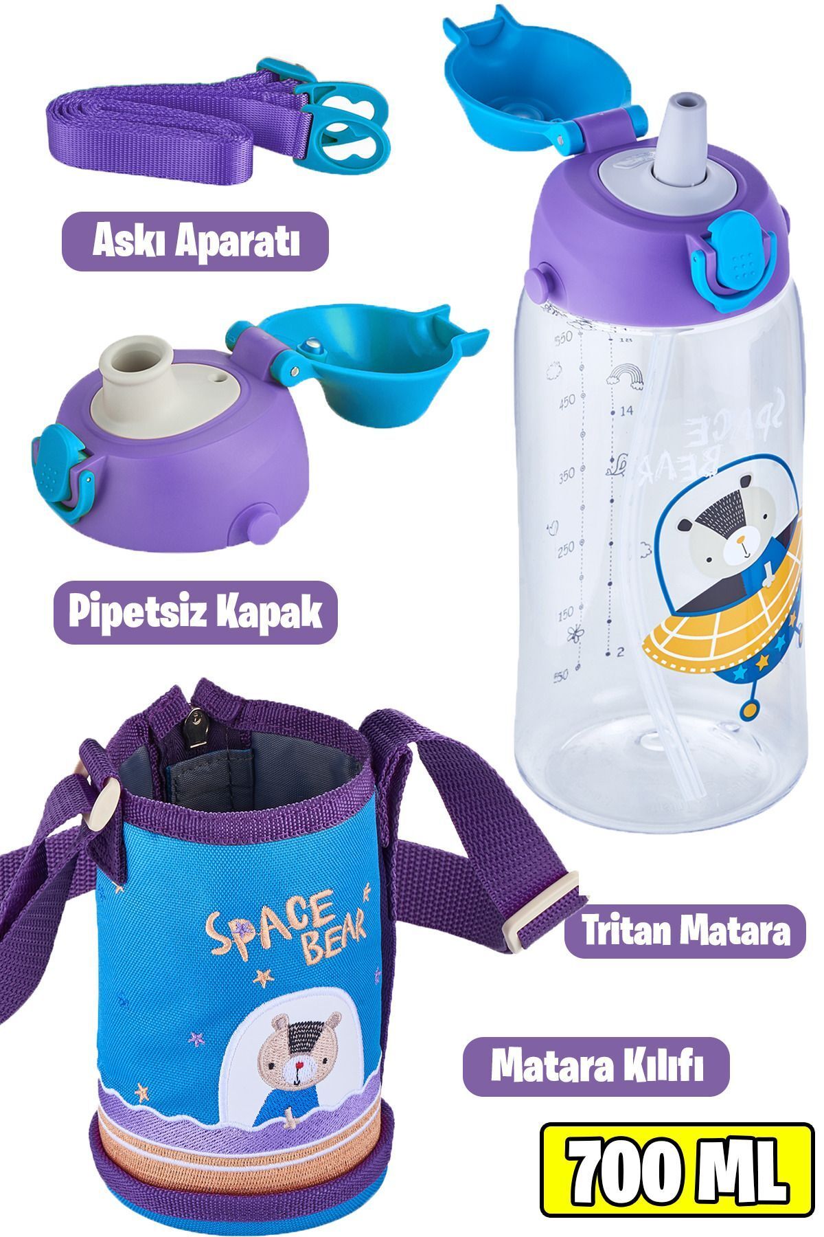 Uzspace-700 ml - Large Size-Tritan Water Bottle with Case and 2 Separated Lids with/Without Straw 1