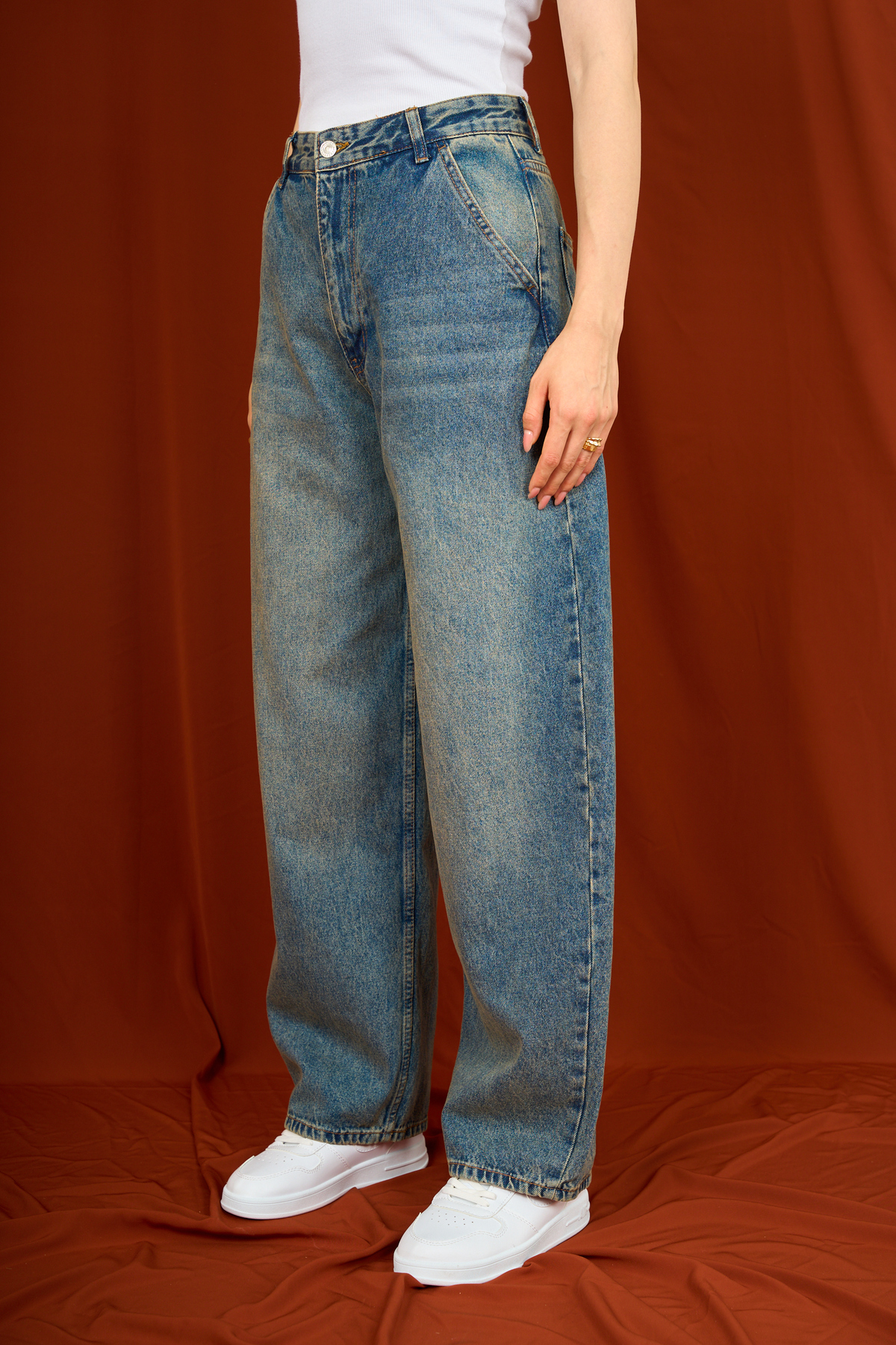 Wide Leg Yüksek Bel Uzun Bersh Skater Baggy Jean Yıkamalı Pantolon - Mavi