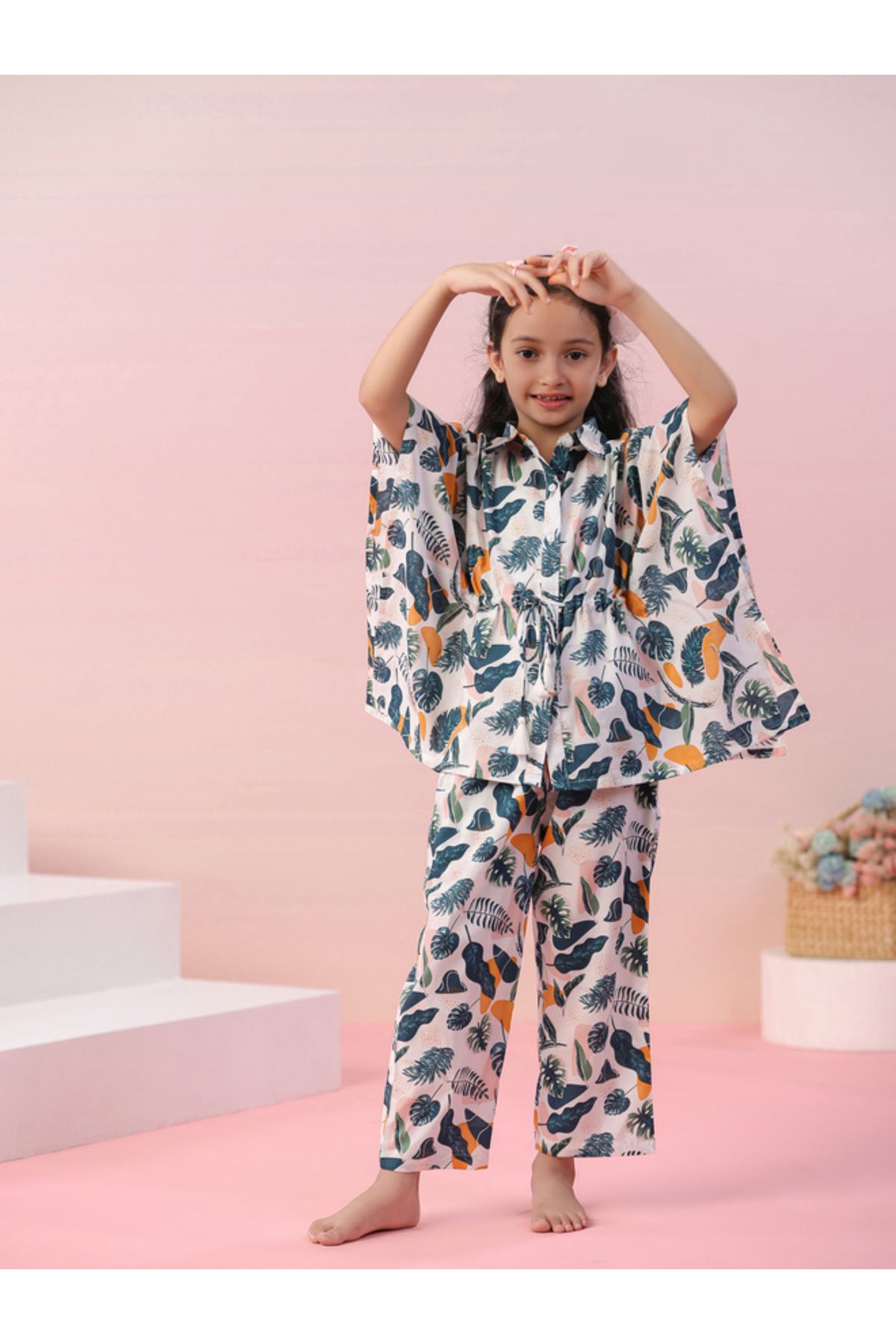 Sanskrutihomes By Styli-Leaf Print Collared Kaftan & Pyjama Set 3