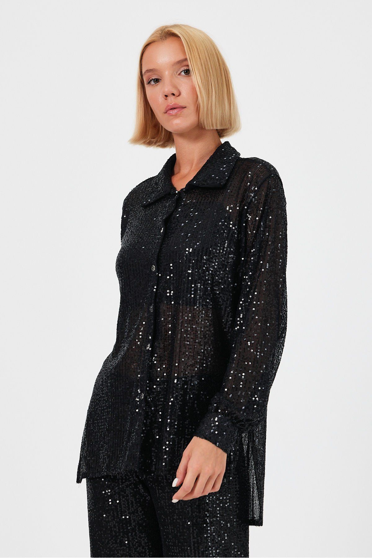 soBasic-Black Long Tunic Shirt with Sequins and Slits - L Size - Shimmering Long Sleeve 4