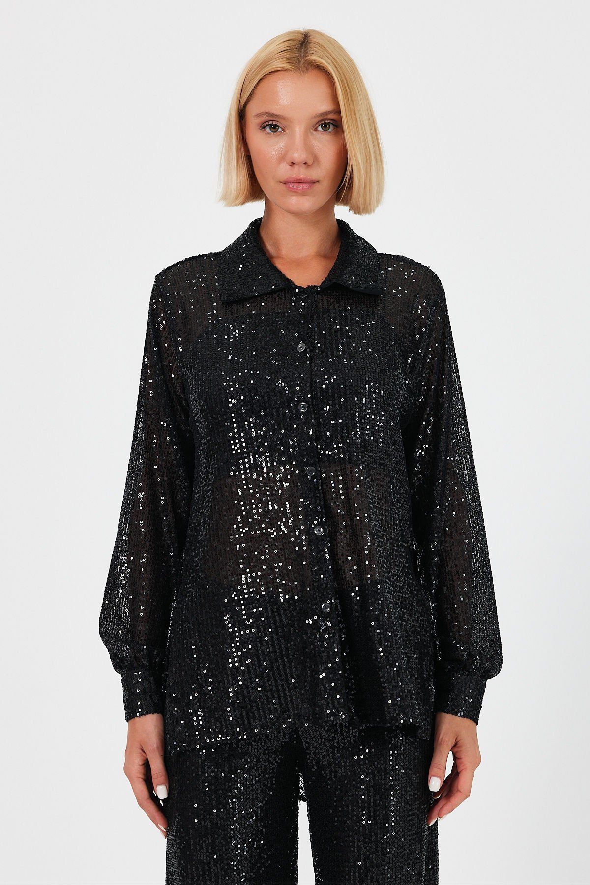 soBasic-Black Long Tunic Shirt with Sequins and Slits - L Size - Shimmering Long Sleeve 5