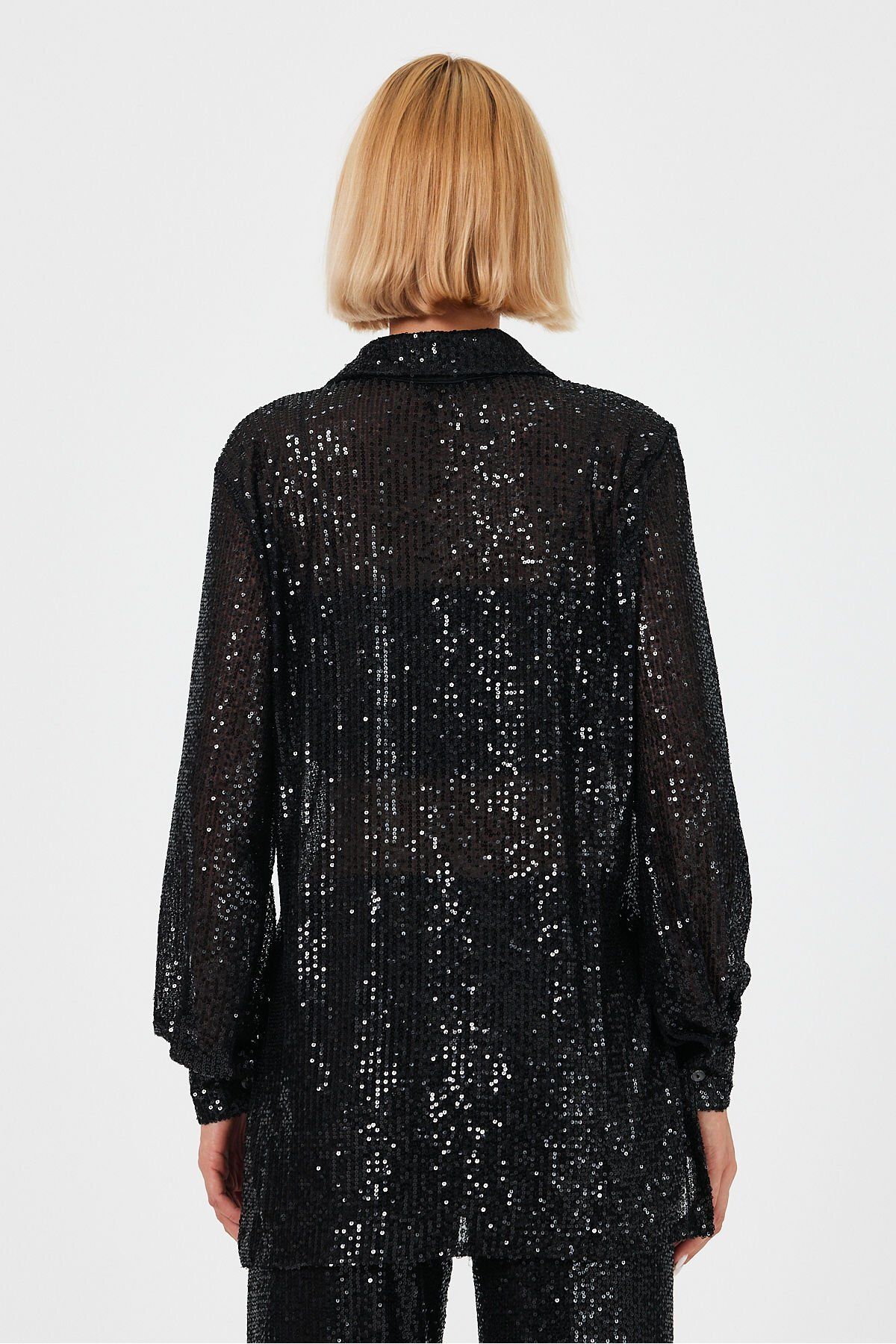 soBasic-Black Long Tunic Shirt with Sequins and Slits - L Size - Shimmering Long Sleeve 8