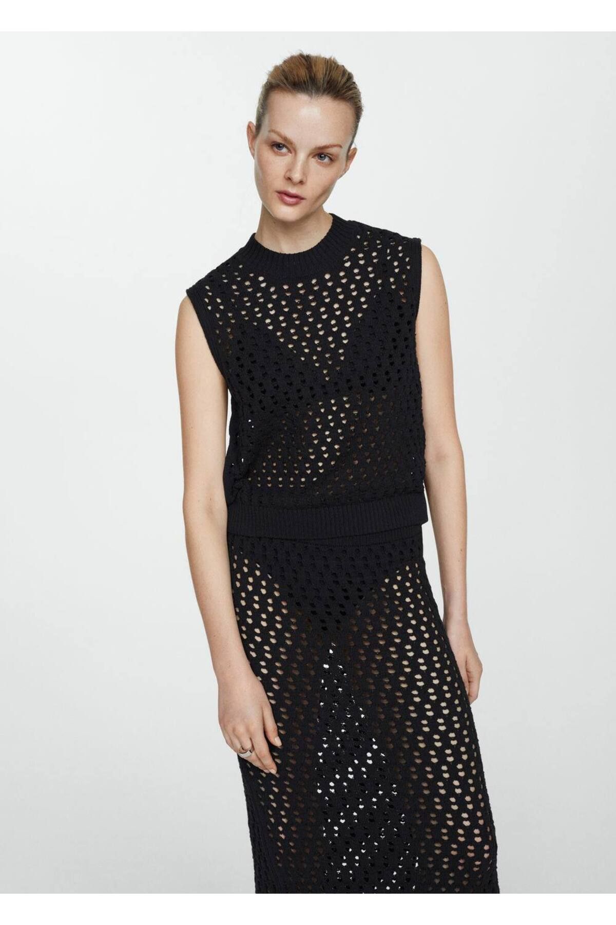 MANGO Woman-Openwork Knitted Knit Skirt - Comfortable and Stylish Design 5