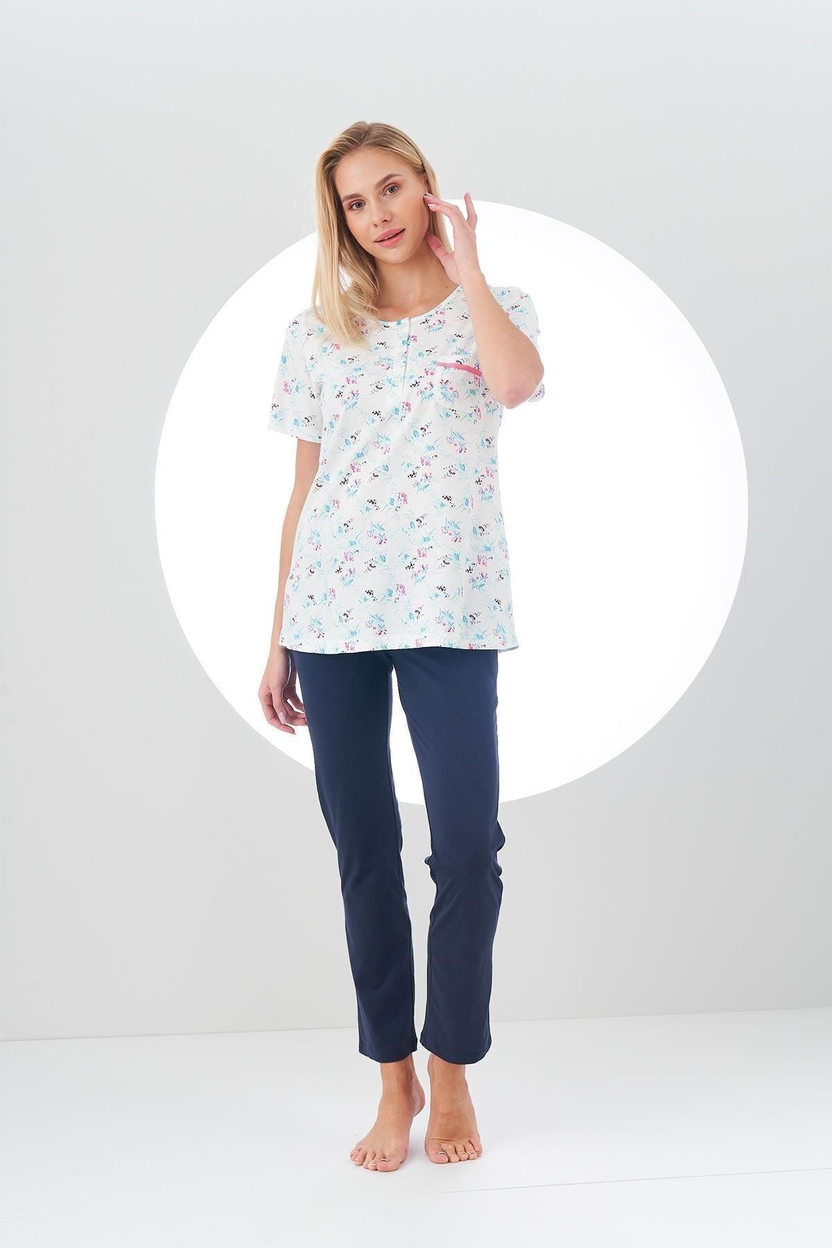 PJS-24111 Women's Top Patterned Placket Pajama Set 3