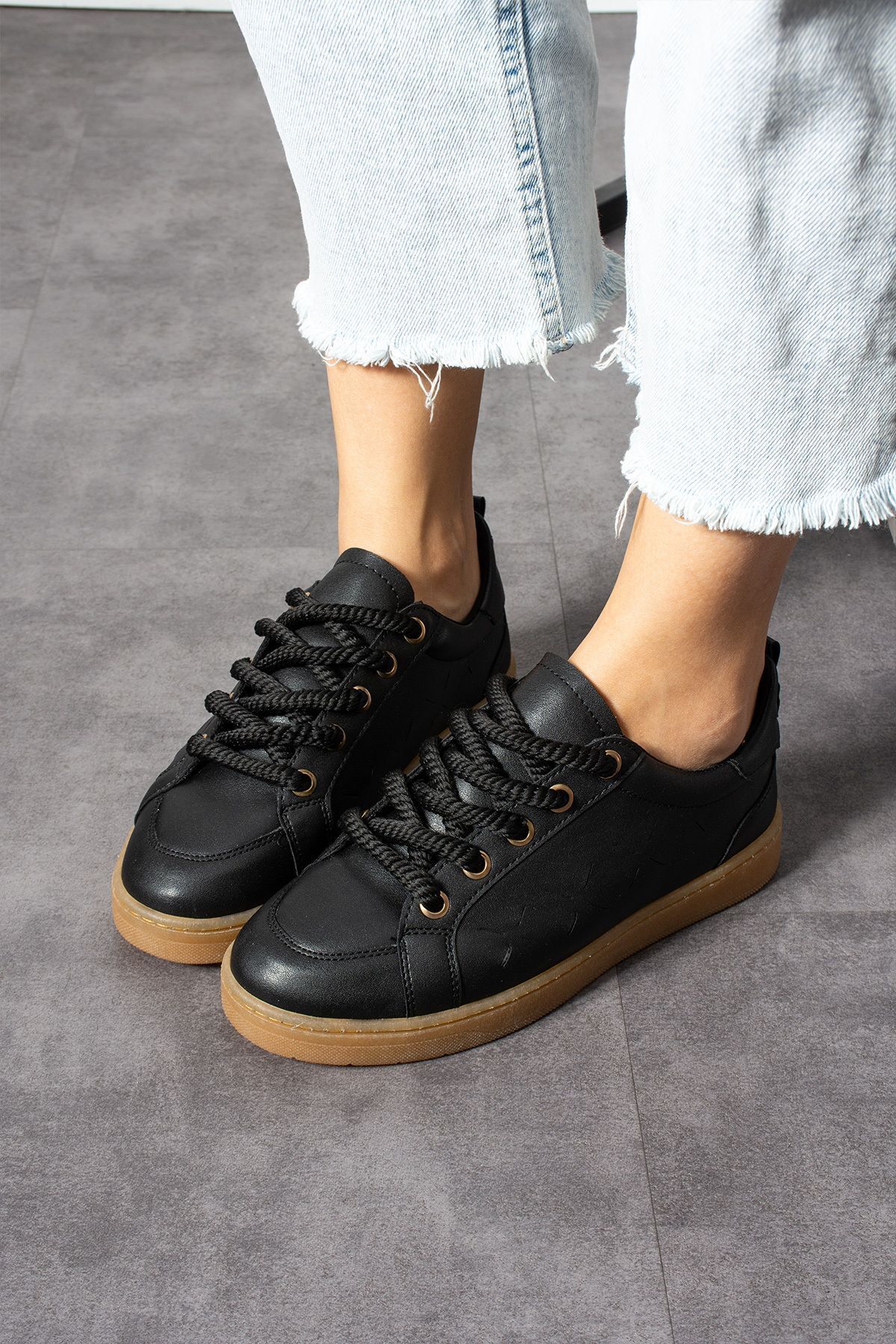 KOTAN-Pantofi de damă negri - Pantofi sport confortabili cu șireturi groase 4
