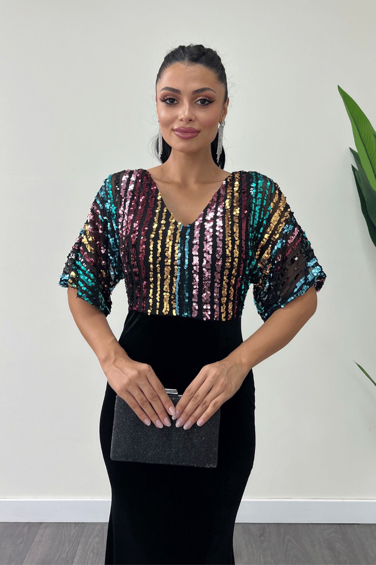 giyimmasalı-Rochie de sus cu paiete colorate de jos din catifea, cu mâneci liliac - negru 4