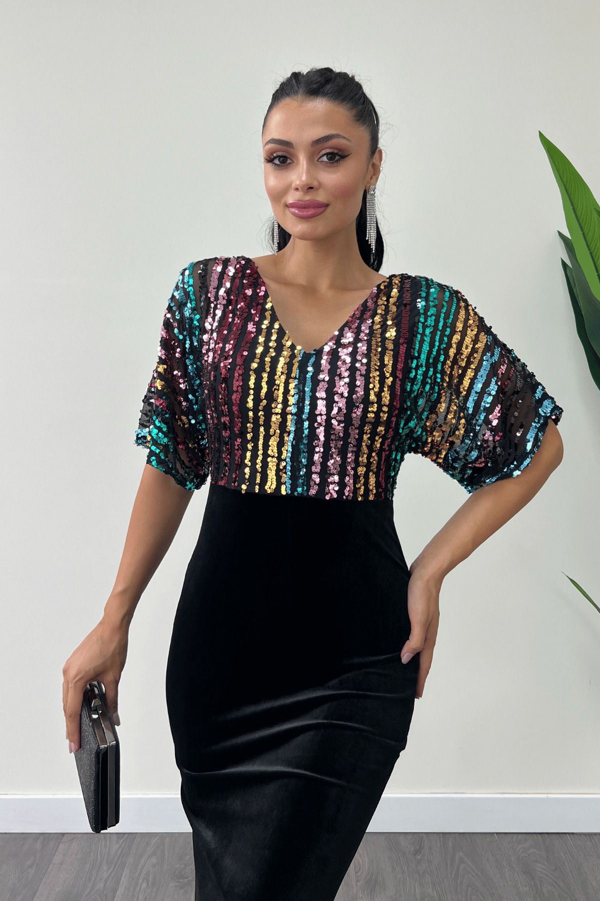 giyimmasalı-Rochie de sus cu paiete colorate de jos din catifea, cu mâneci liliac - negru 3
