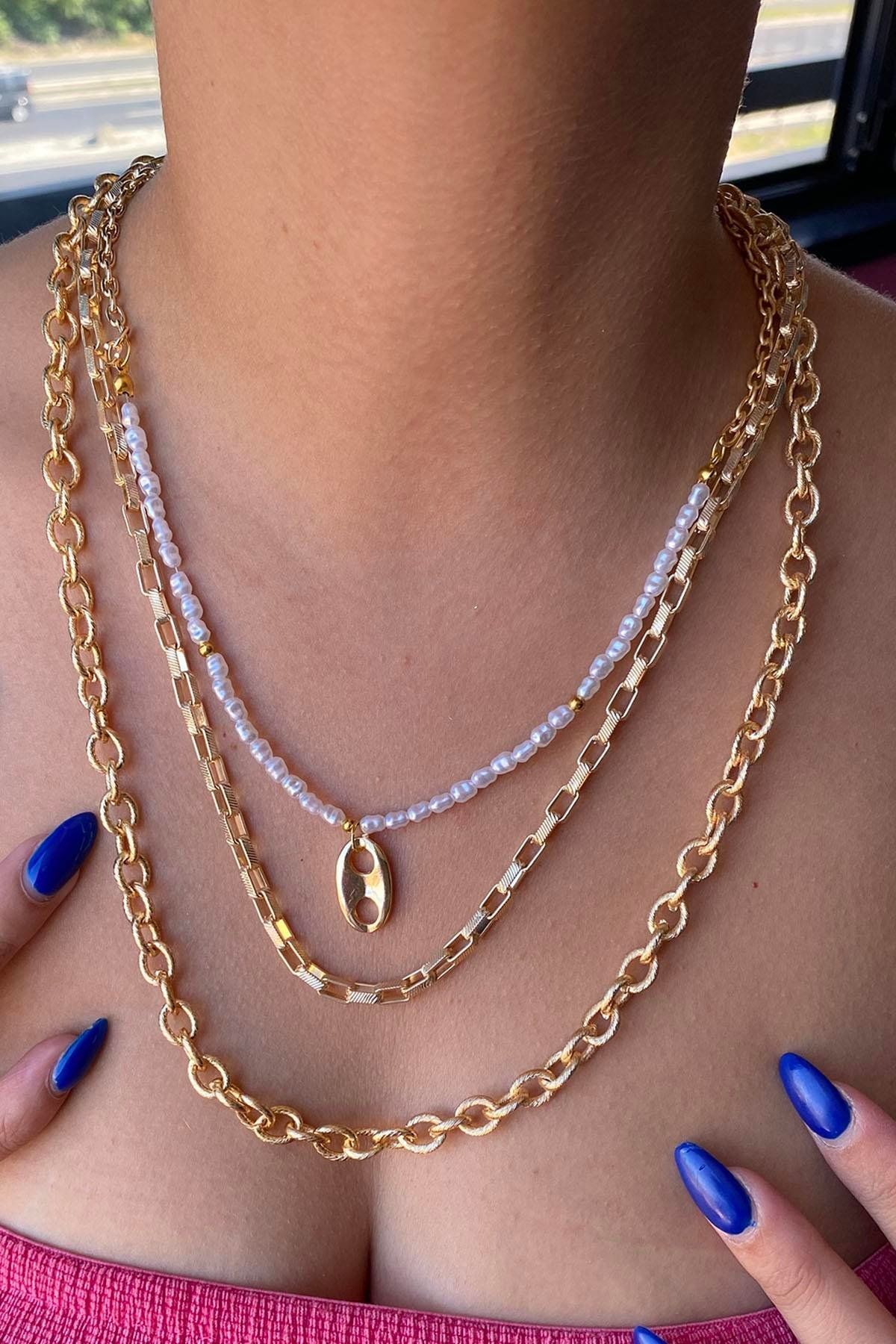 TAKIŞTIR-Gold Color Pearl Figured Multiple Necklace 1