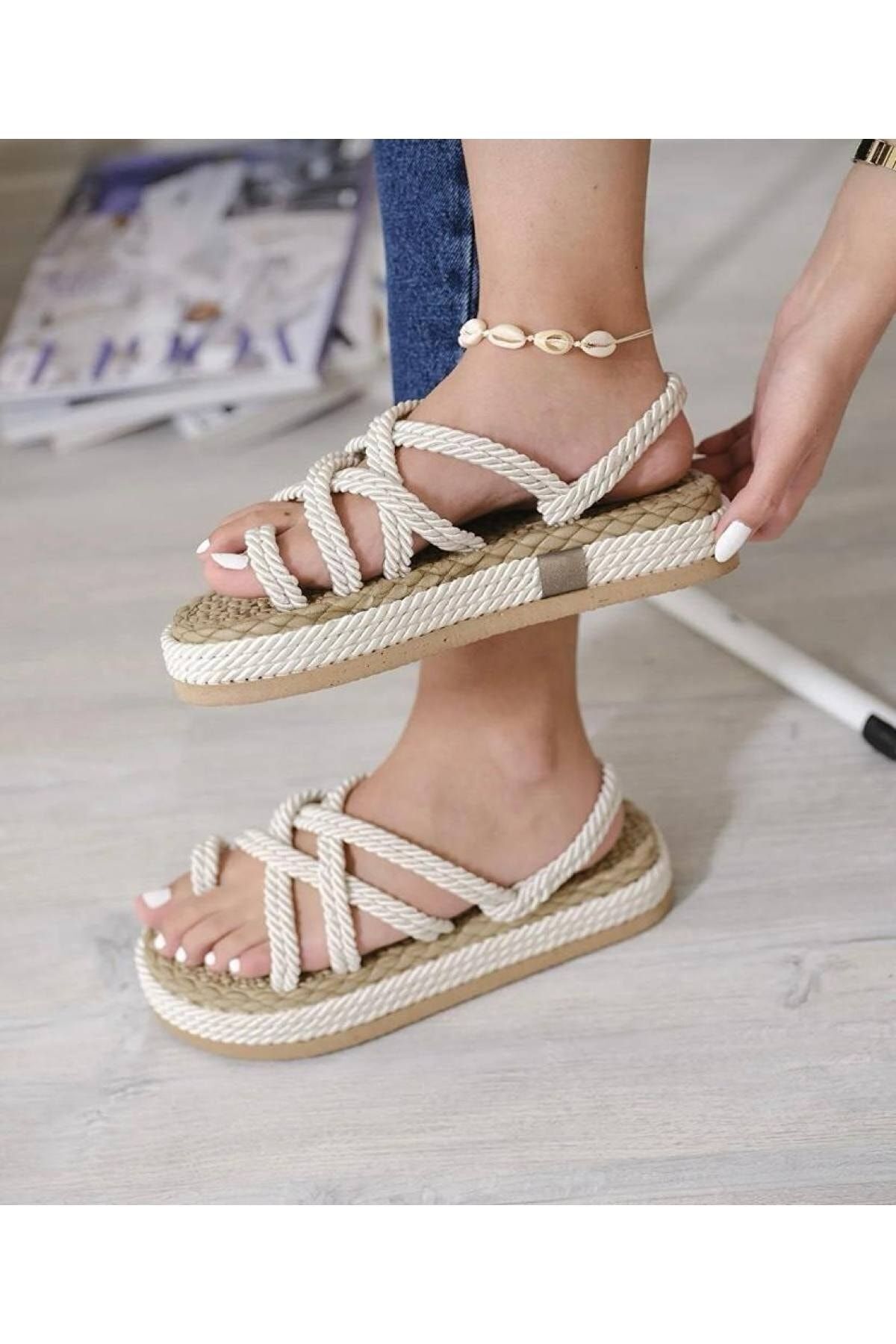 Mirkada-Unisex White Rope String High Sole Straw Sandals - It is Recommended to Buy 1 Size Larger 2