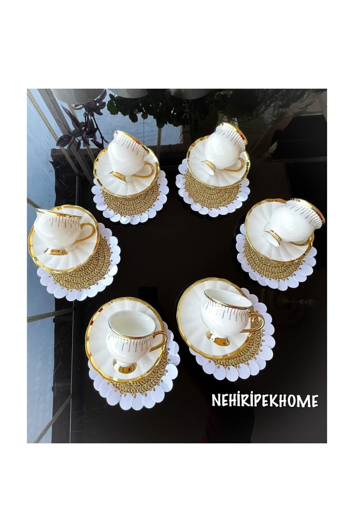 NehiripekHome-طقم قواعد أكواب تقديم ذهبية مطرزة باللون الأبيض مكون من 6 قطع 3