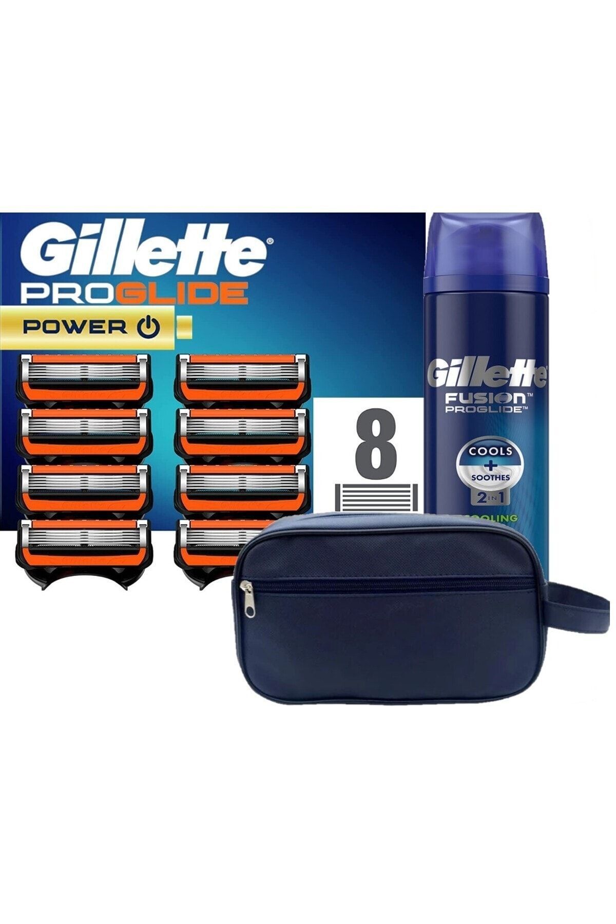 Gillette Proglide Power 8 li Tıraş Bıçağı Karton Paket + Proglide 200 ML Jel + Seyahat Çantası