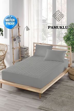 ÇARŞAF DÜNYASI Renkli Alez Sıvı Geçirmez Pamuklu Kapitoneli Fitted Gri Çift K...