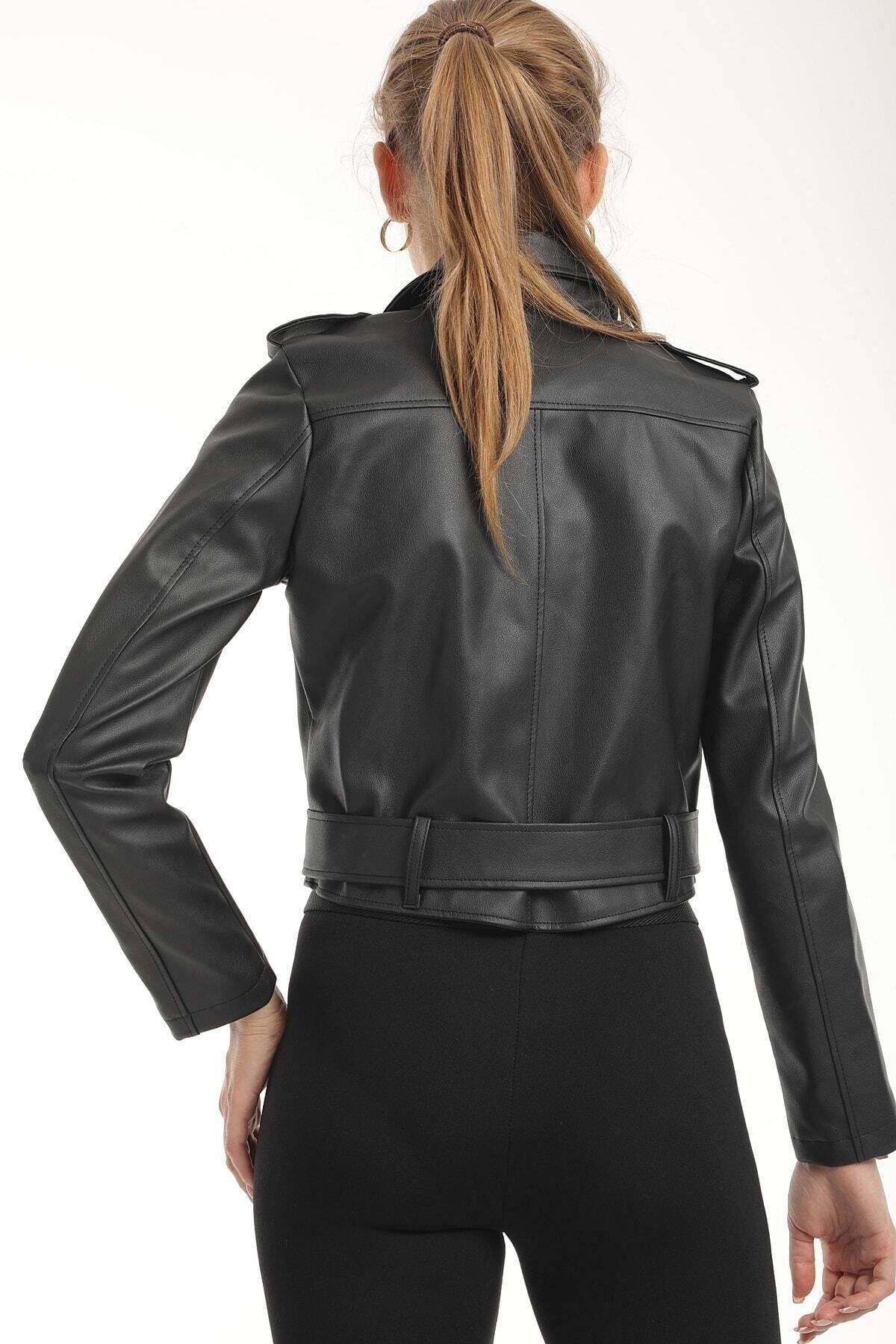 BEŞİR GİYİM-Schwarzer Damen Lederjacke Mantel mit Gürtel 2