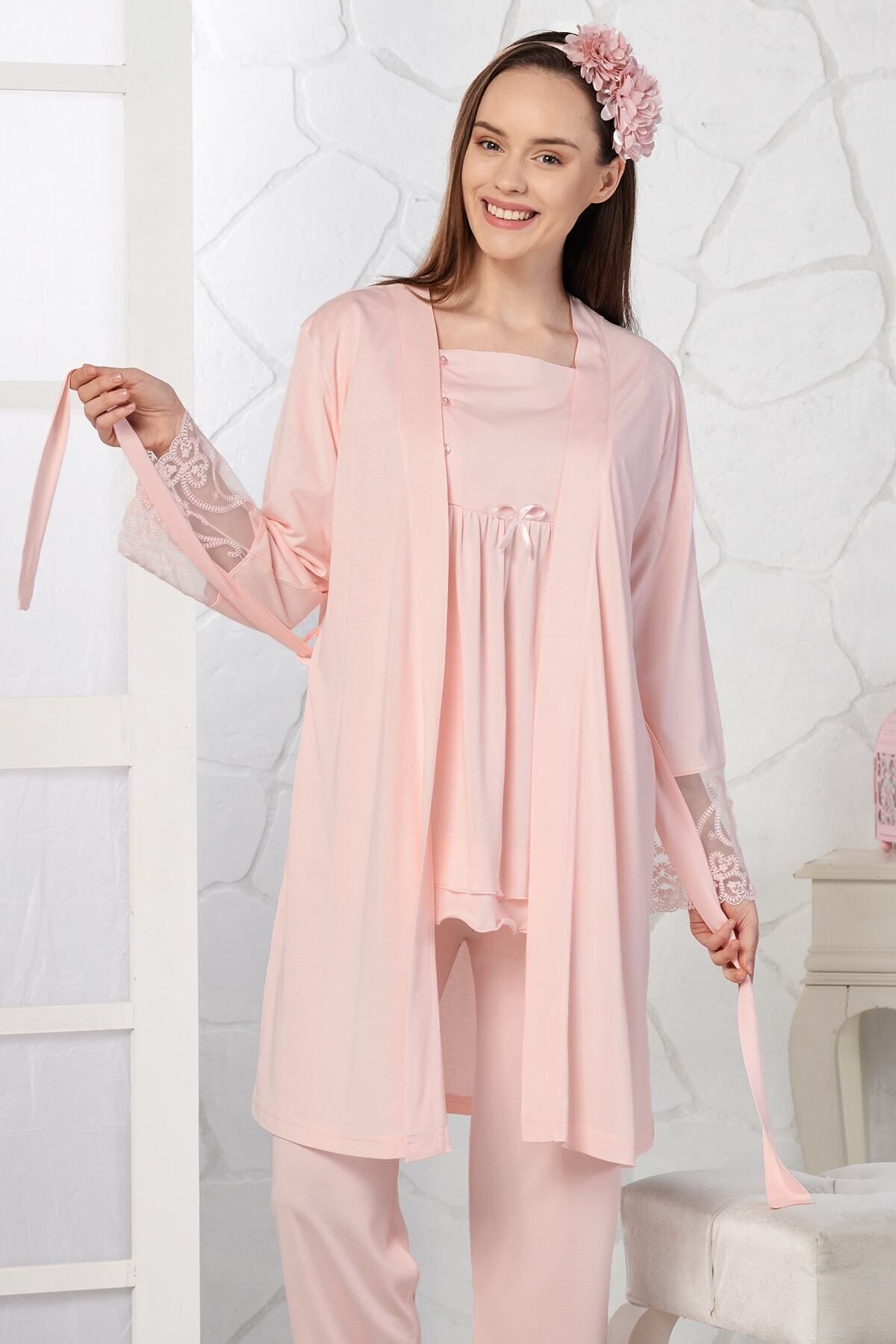Emose Kadın Pudra Lohusa Sabahlıklı Pijama Takım