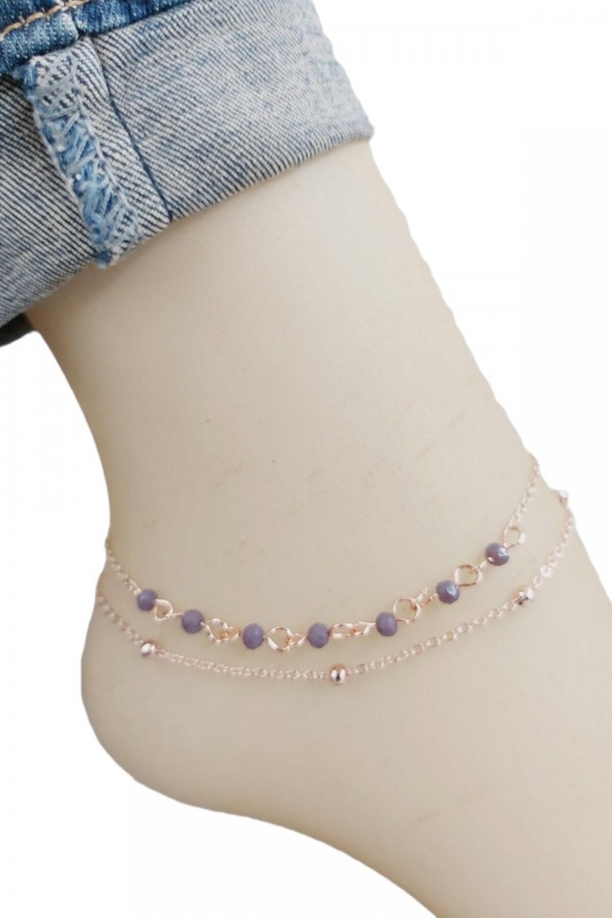 AKIN AKSESUAR HEDİYELİK Kristal Boncuklu Ikili Rose Zincirli Halhal