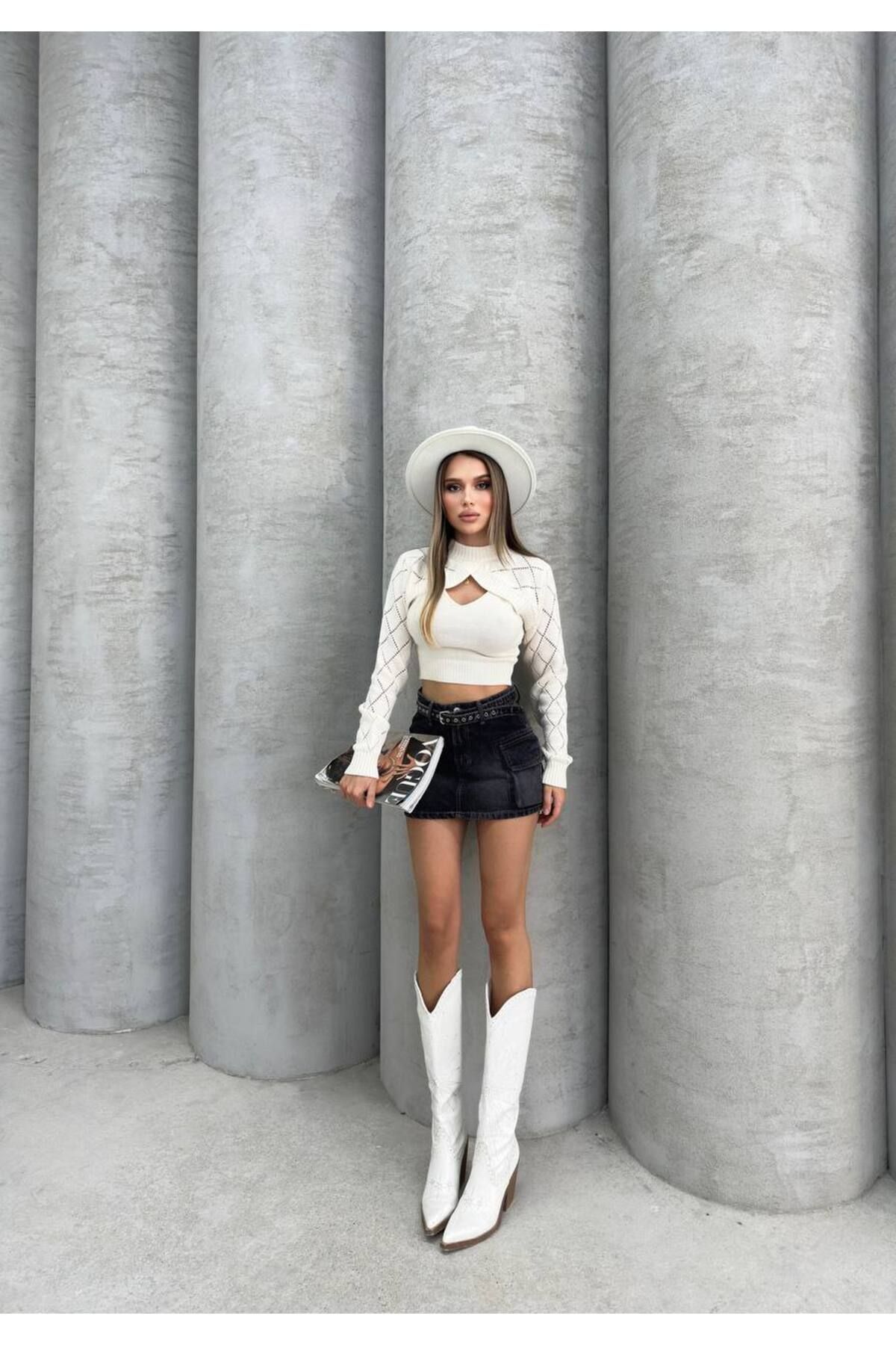 İLKCET MODA-طقم علوي مزدوج منسوج بقصة ضيقة مع بوليرو 3